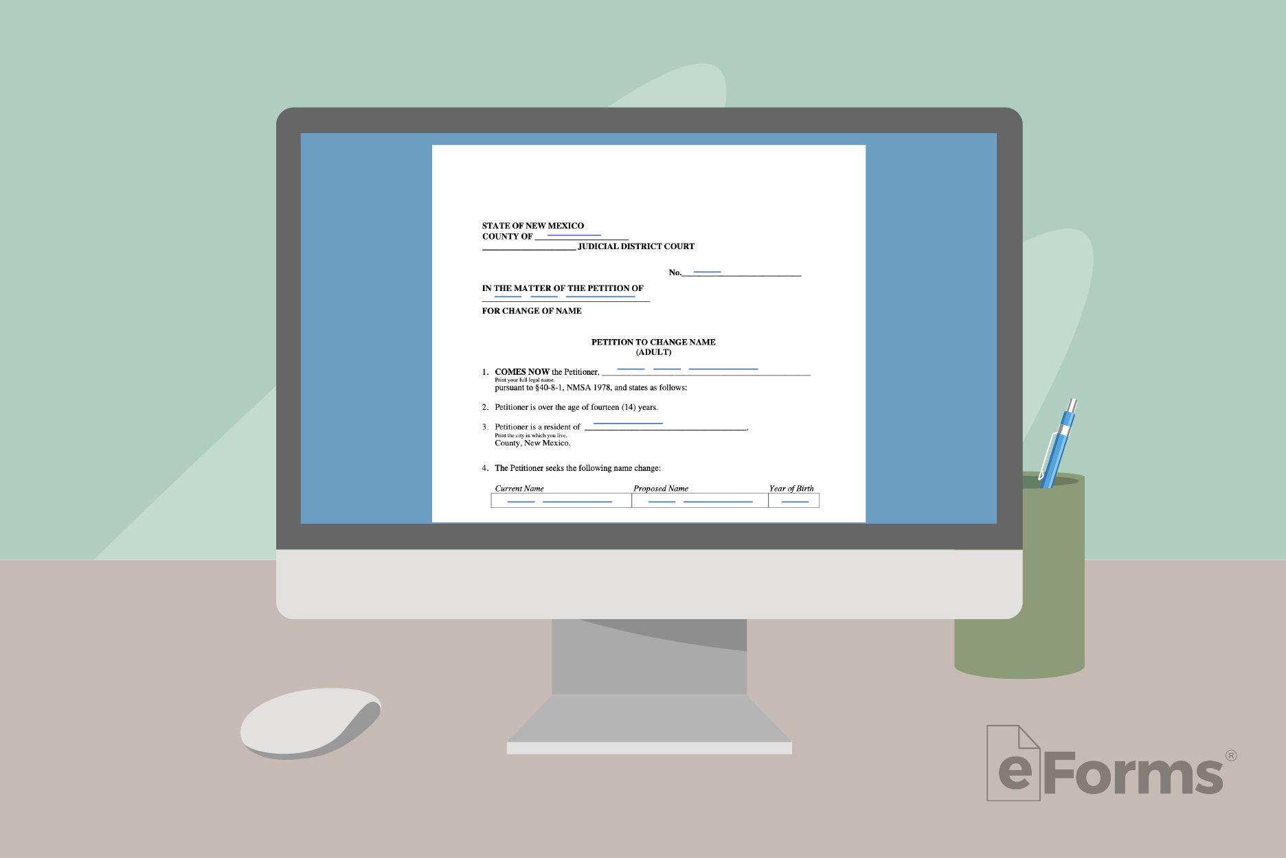 Desktop monitor displaying petition for name change form.