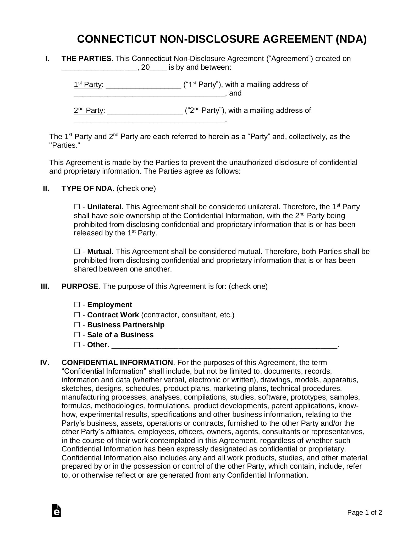 Connecticut Non-Disclosure Agreement (NDA) Template