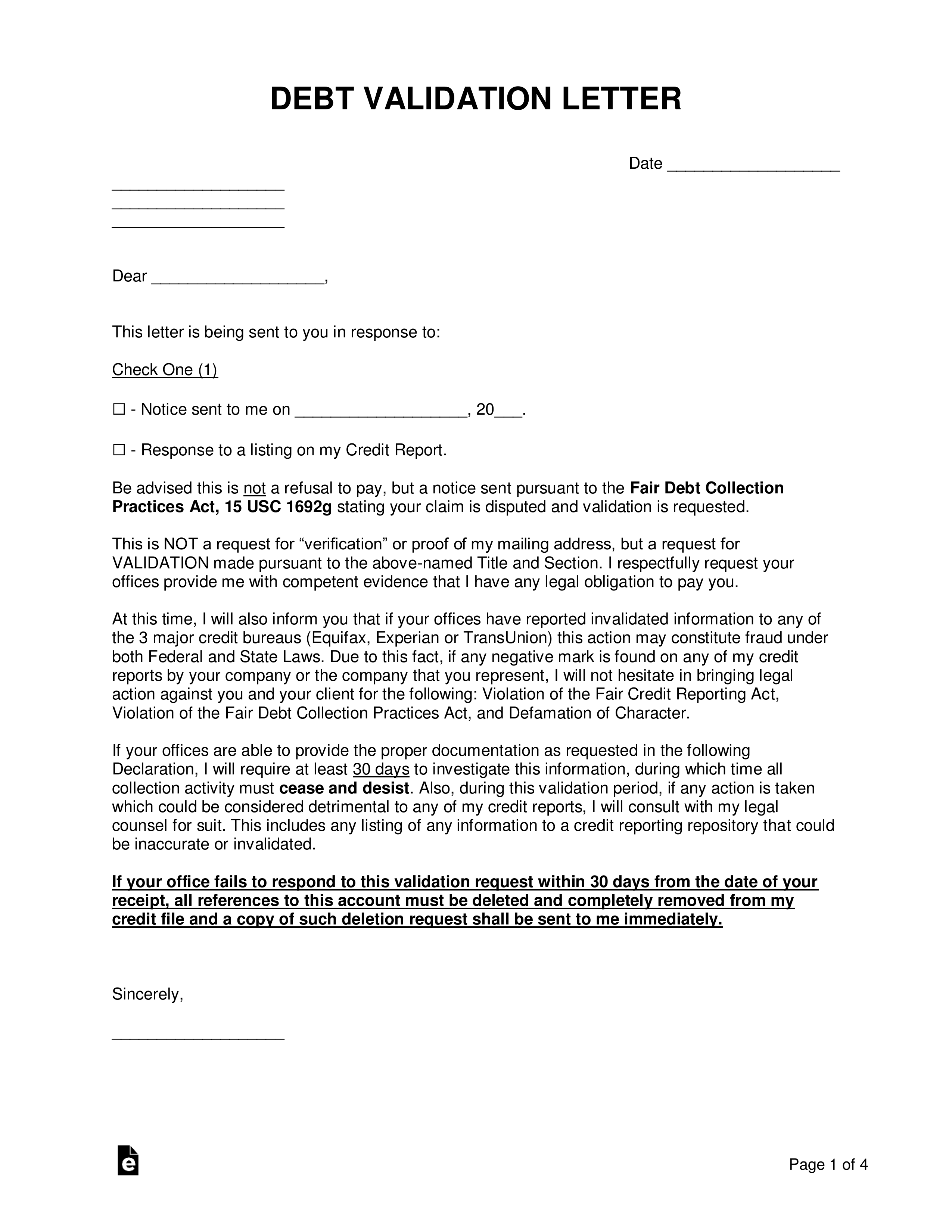 Debt Validation Letter To Collection Agency from eforms.com