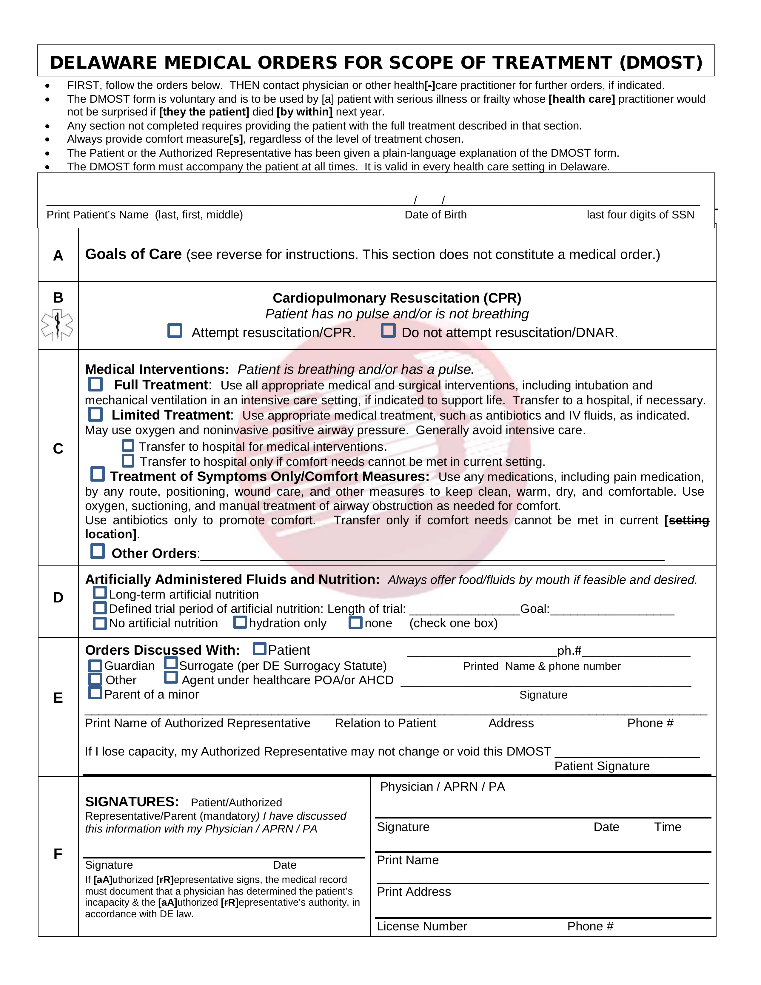 Delaware Do Not Resuscitate (DNR) Order Form