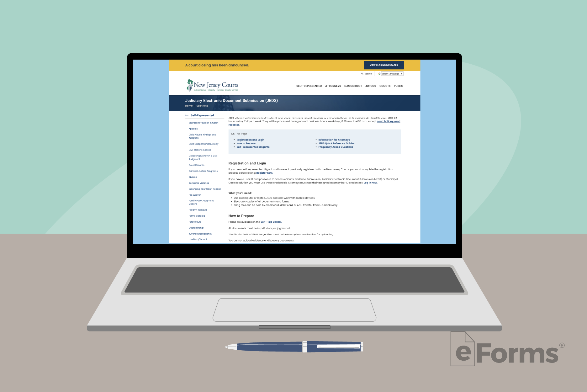 Laptop computer displaying superior court website.