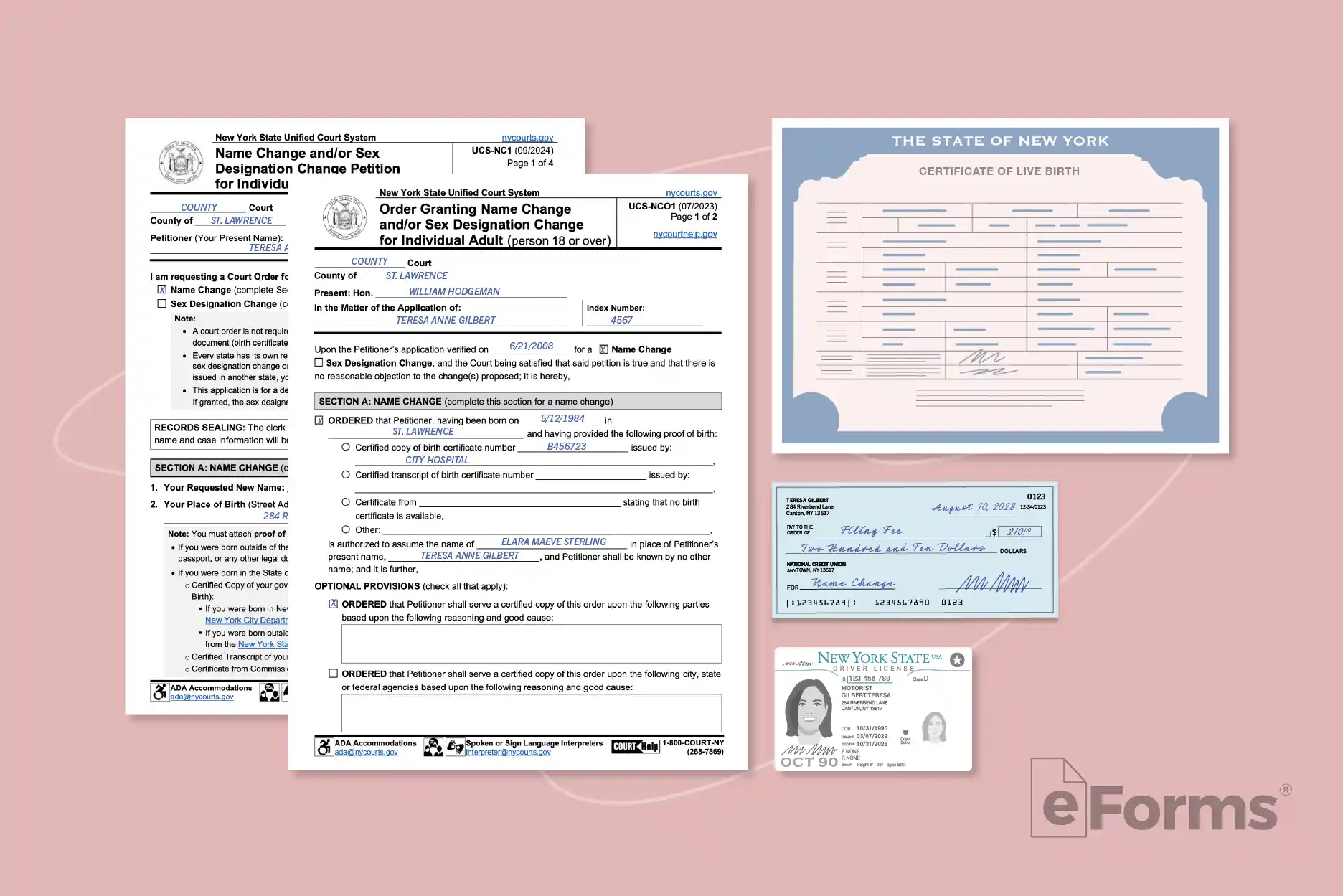 Flat lay of required documents and various forms of ID.