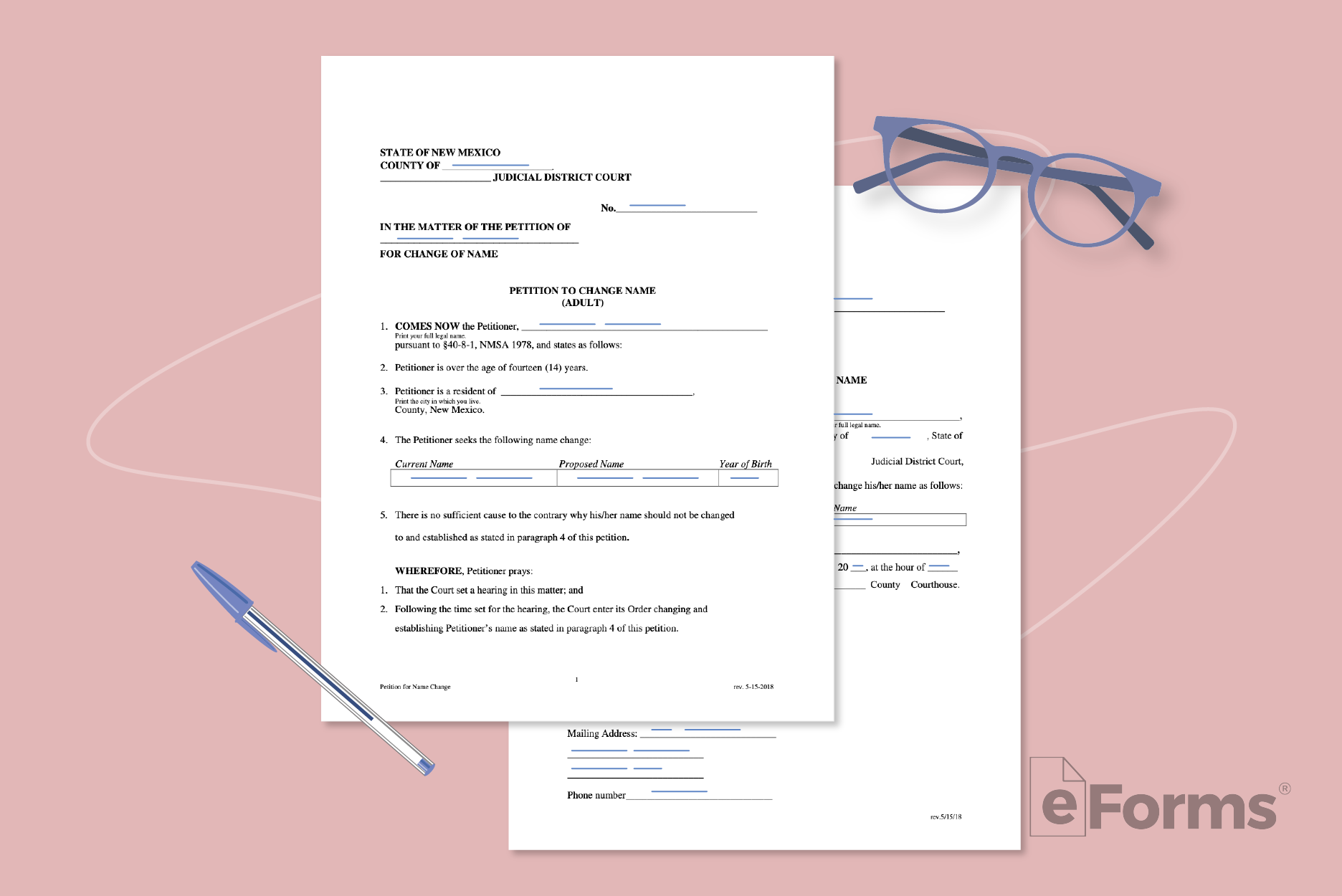 Pair of documents with reading glasses and pen.