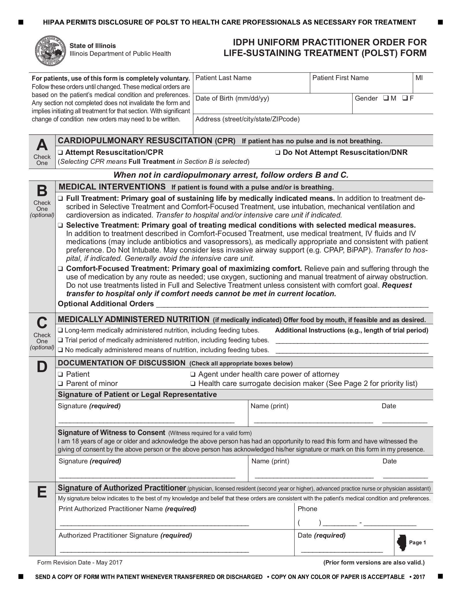 Illinois Do Not Resuscitate (DNR) Order Form