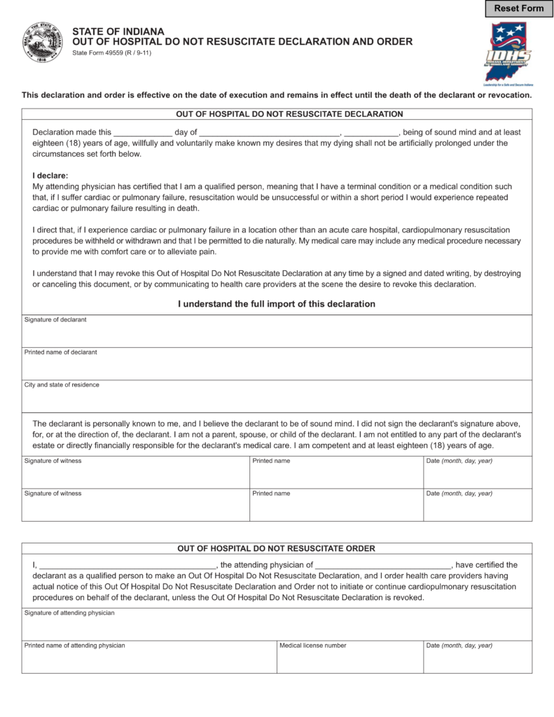 Free Indiana Do Not Resuscitate DNR Order Form PDF EForms