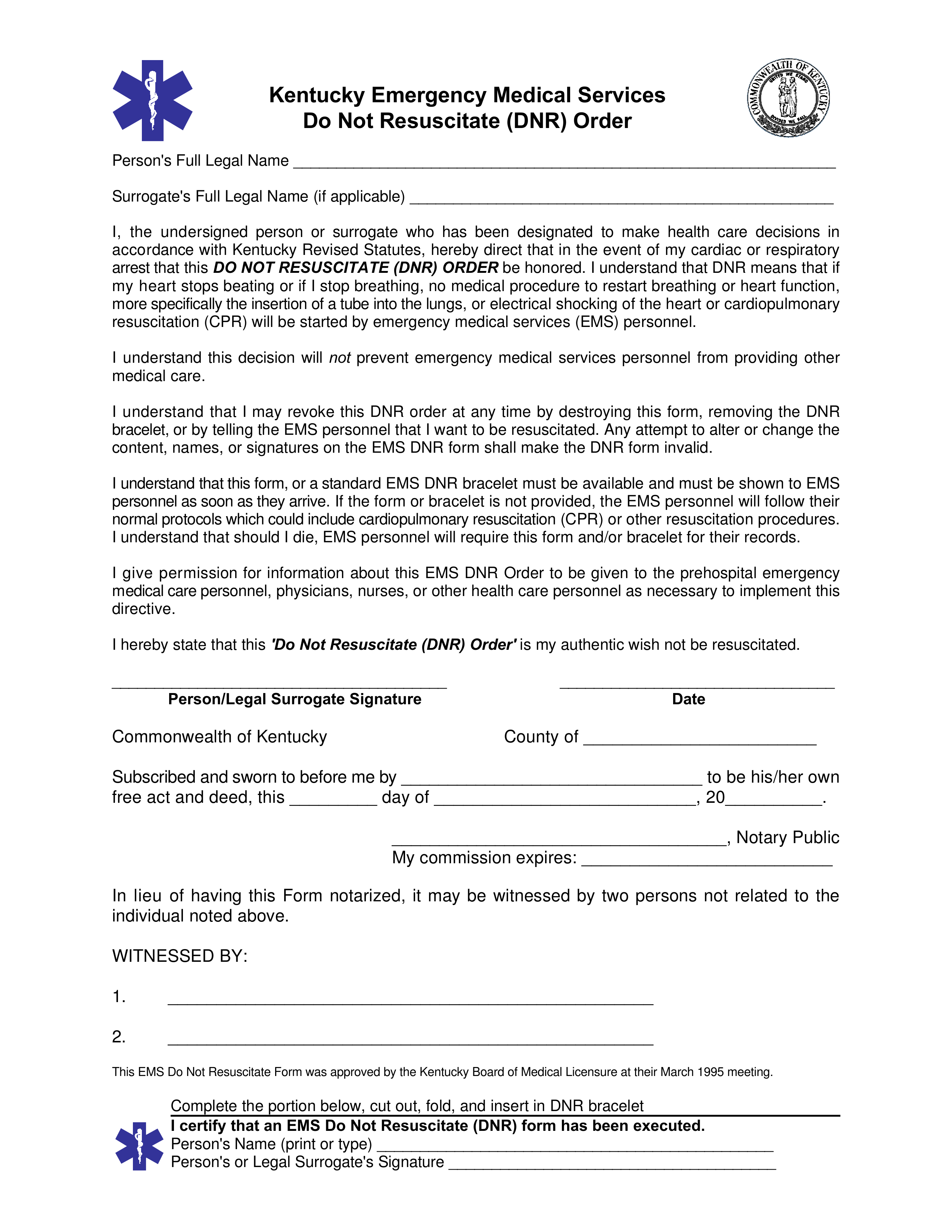 Kentucky Do Not Resuscitate (DNR) Order Form