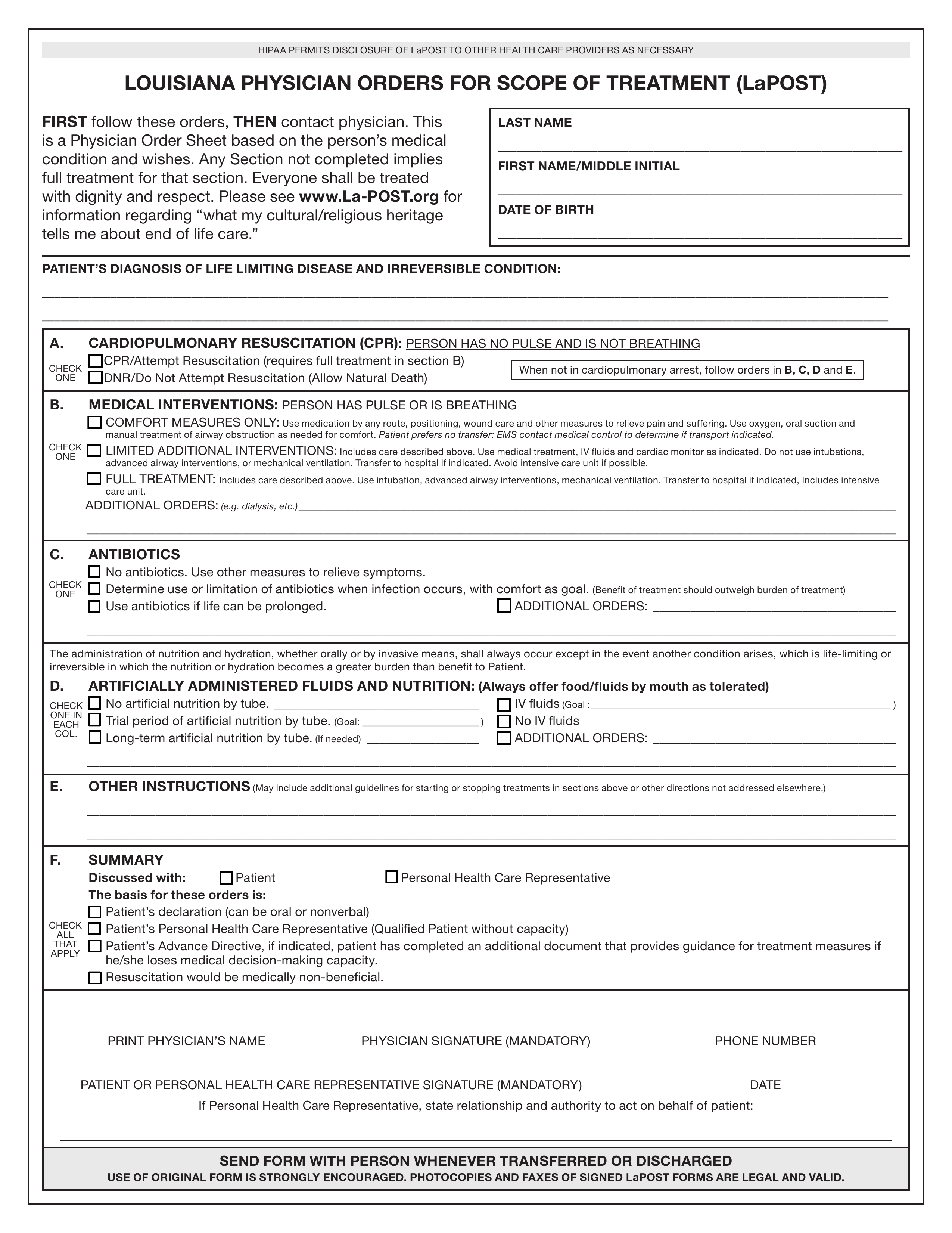 Louisiana Do Not Resuscitate (DNR) Order Form