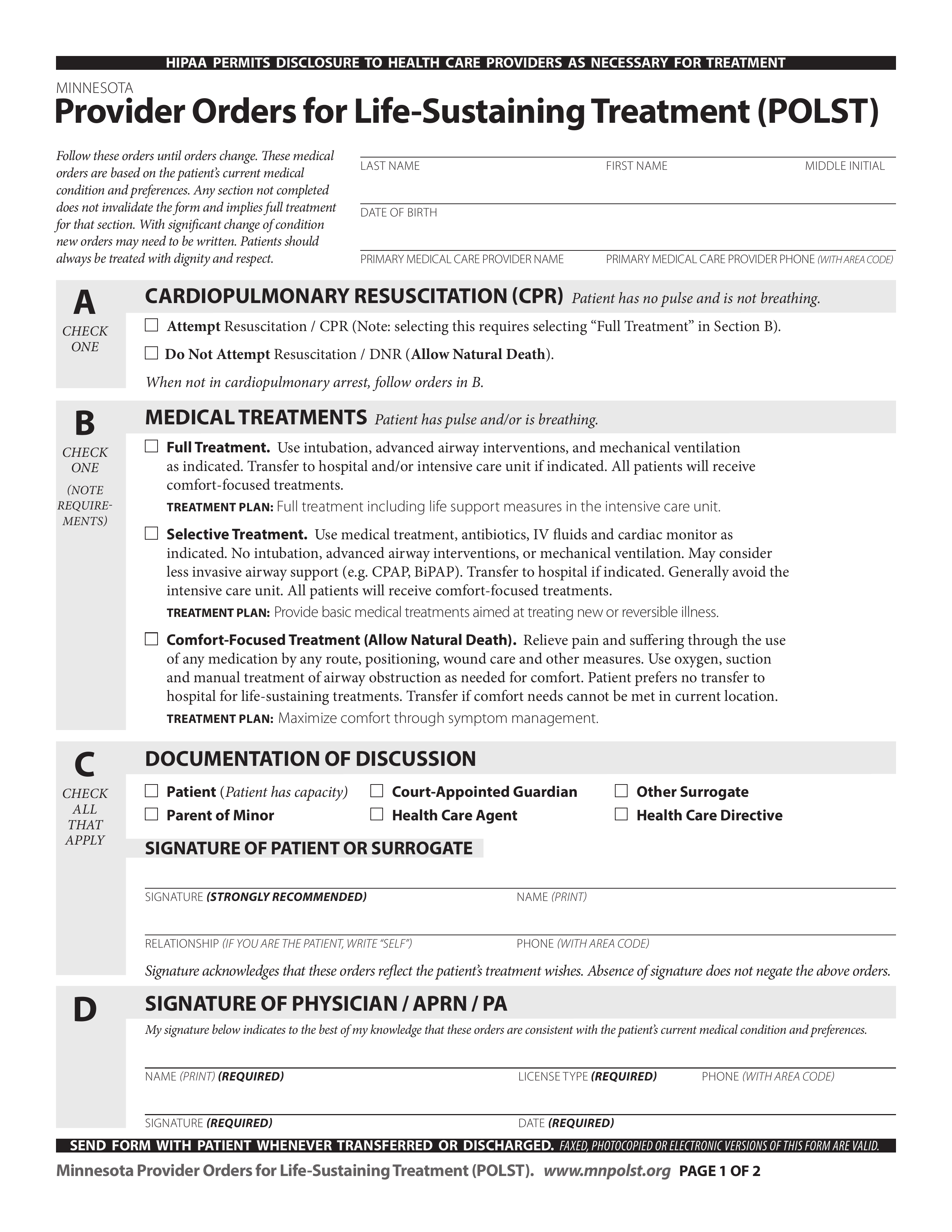 Minnesota Do Not Resuscitate (DNR) Order Form