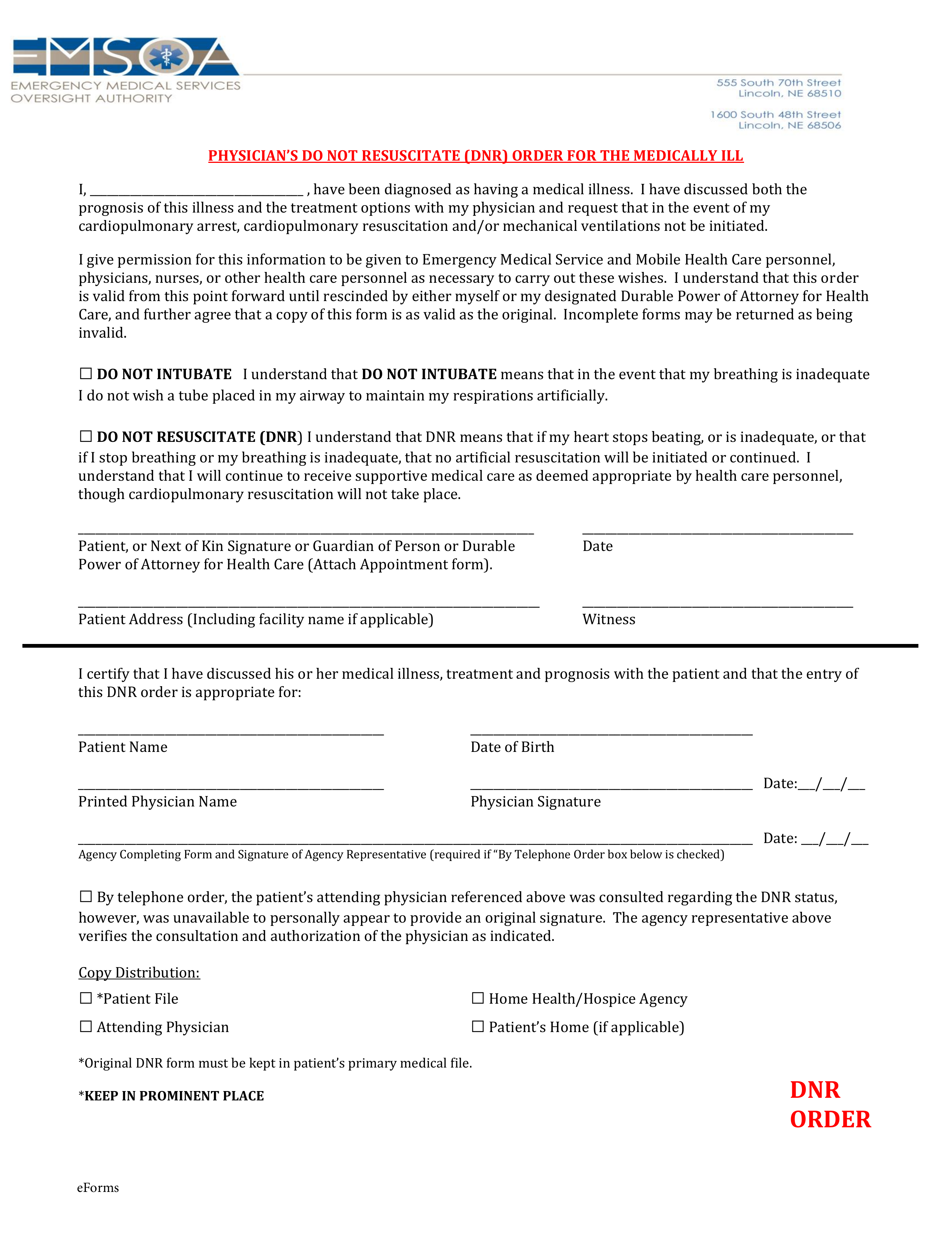 Nebraska Do Not Resuscitate (DNR) Order Form