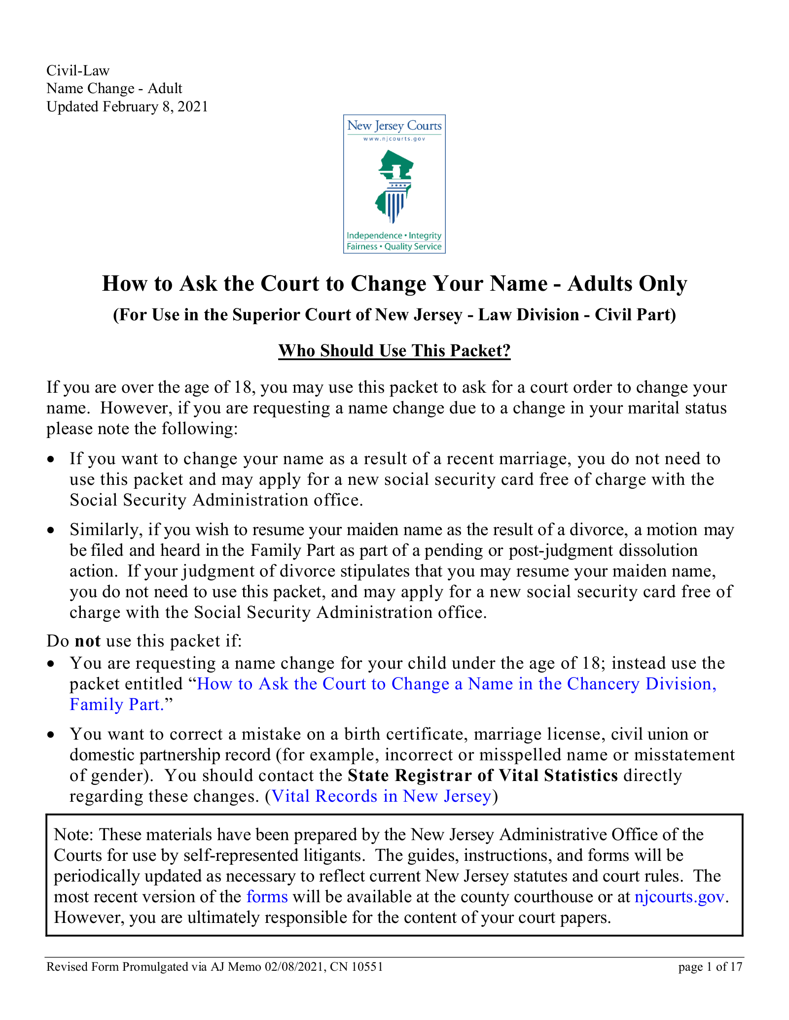 Free New Jersey Name Change Forms Verified Complaint CN 10551 PDF