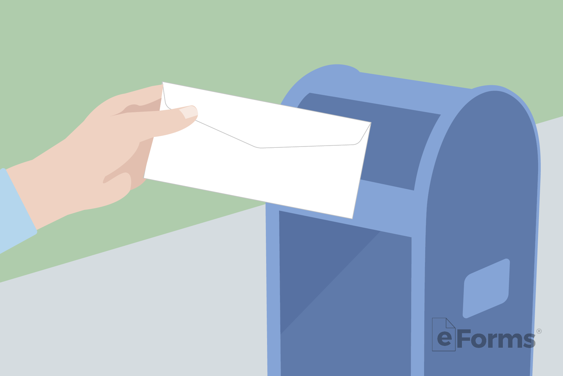 Hand with envelope next to postal mailing box.