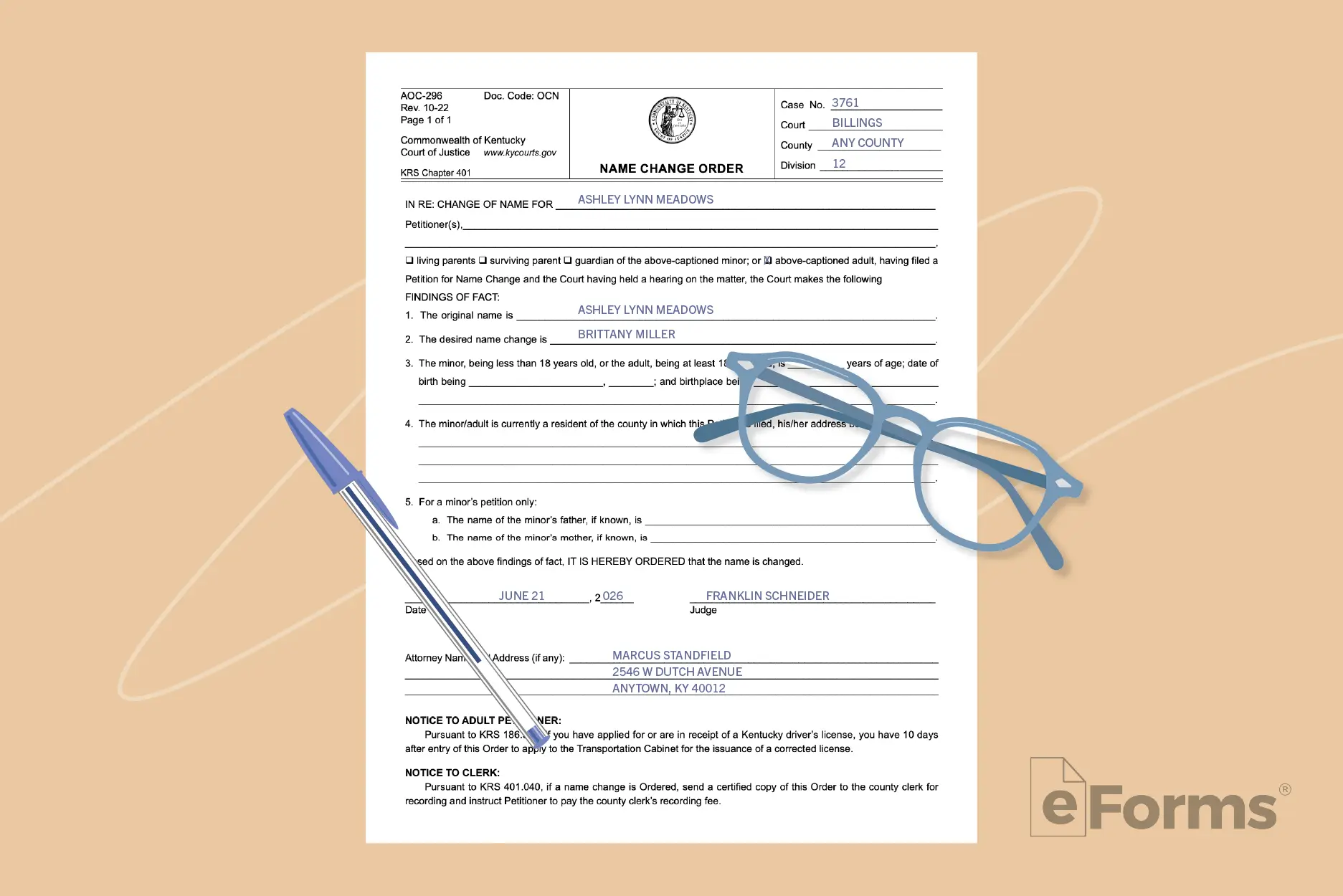 Copy of Court Order with pen and pair of glasses.