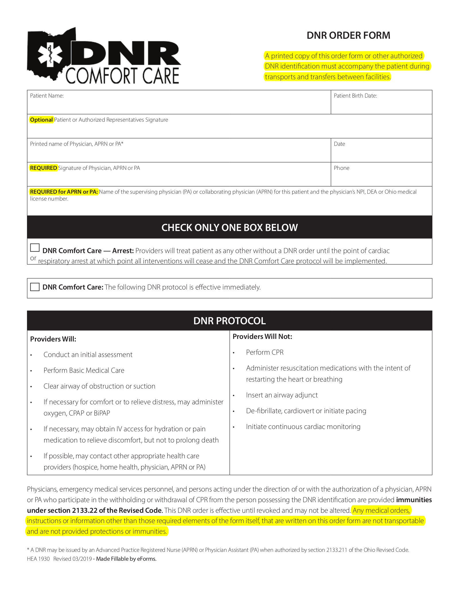 Free Ohio Do Not Resuscitate DNR Order Form PDF EForms Free Fillable Forms