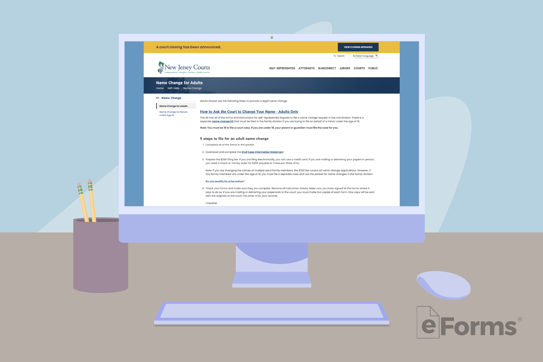 Desktop display with New Jersey Courts website displayed.