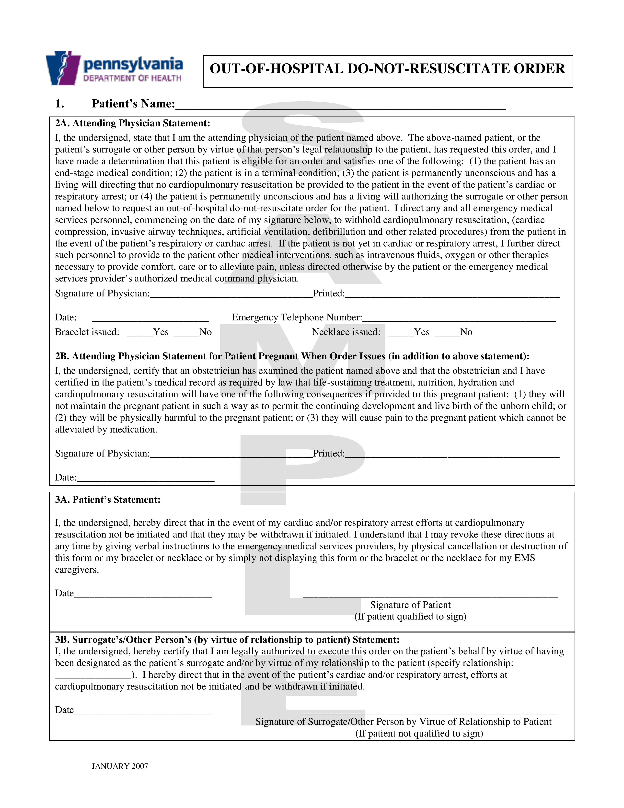 Pennsylvania Do Not Resuscitate (DNR) Order Form – Sample Only
