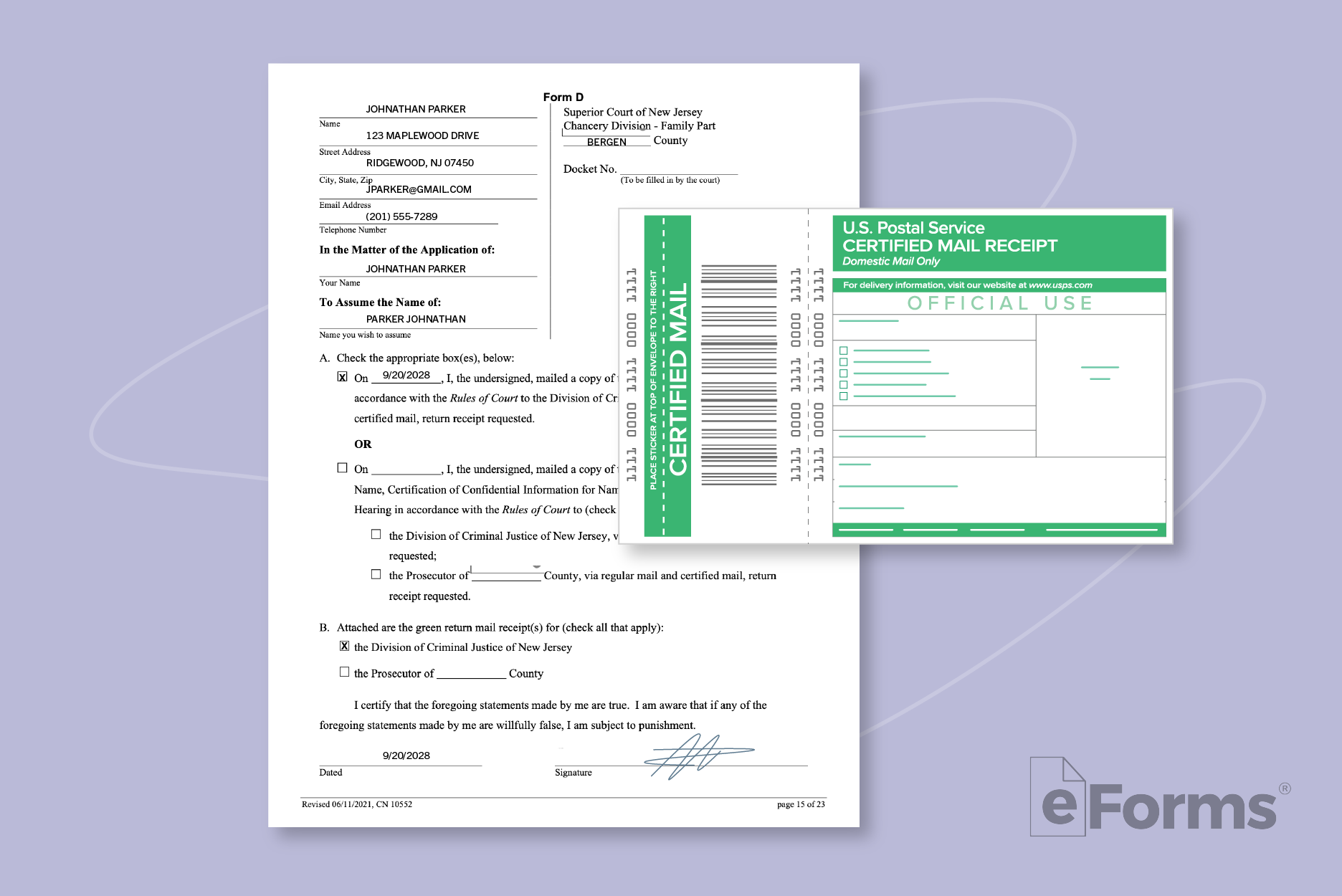 Proof of mailing form with certified mail receipt.