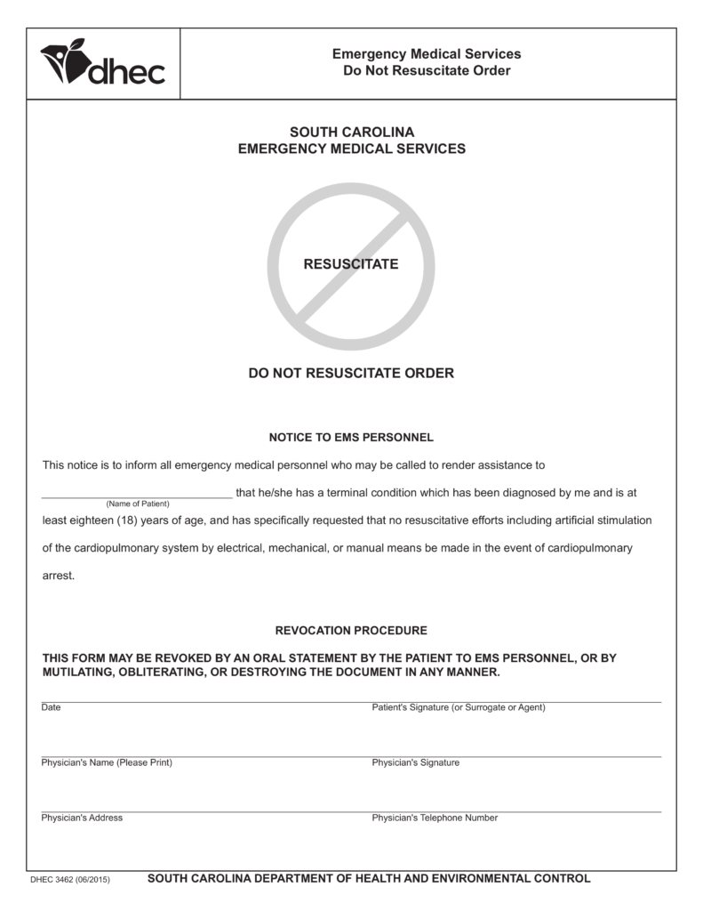 Free South Carolina Do Not Resuscitate DNR Order Form PDF EForms