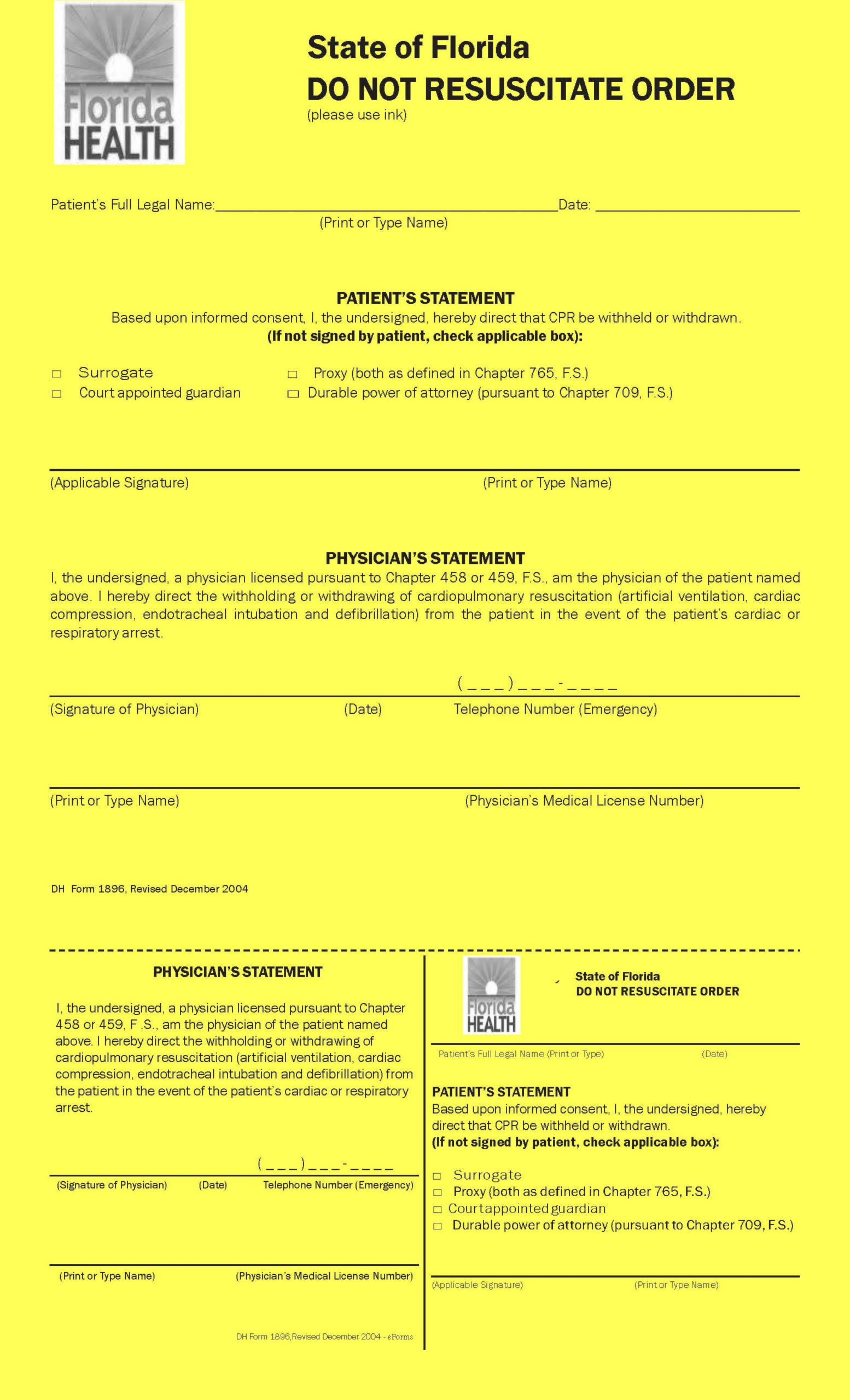 Florida Do Not Resuscitate (DNR) Order Form