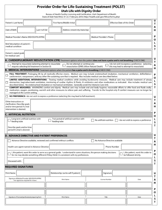 Free Utah Do Not Resuscitate (DNR) Order Form - PDF – eForms