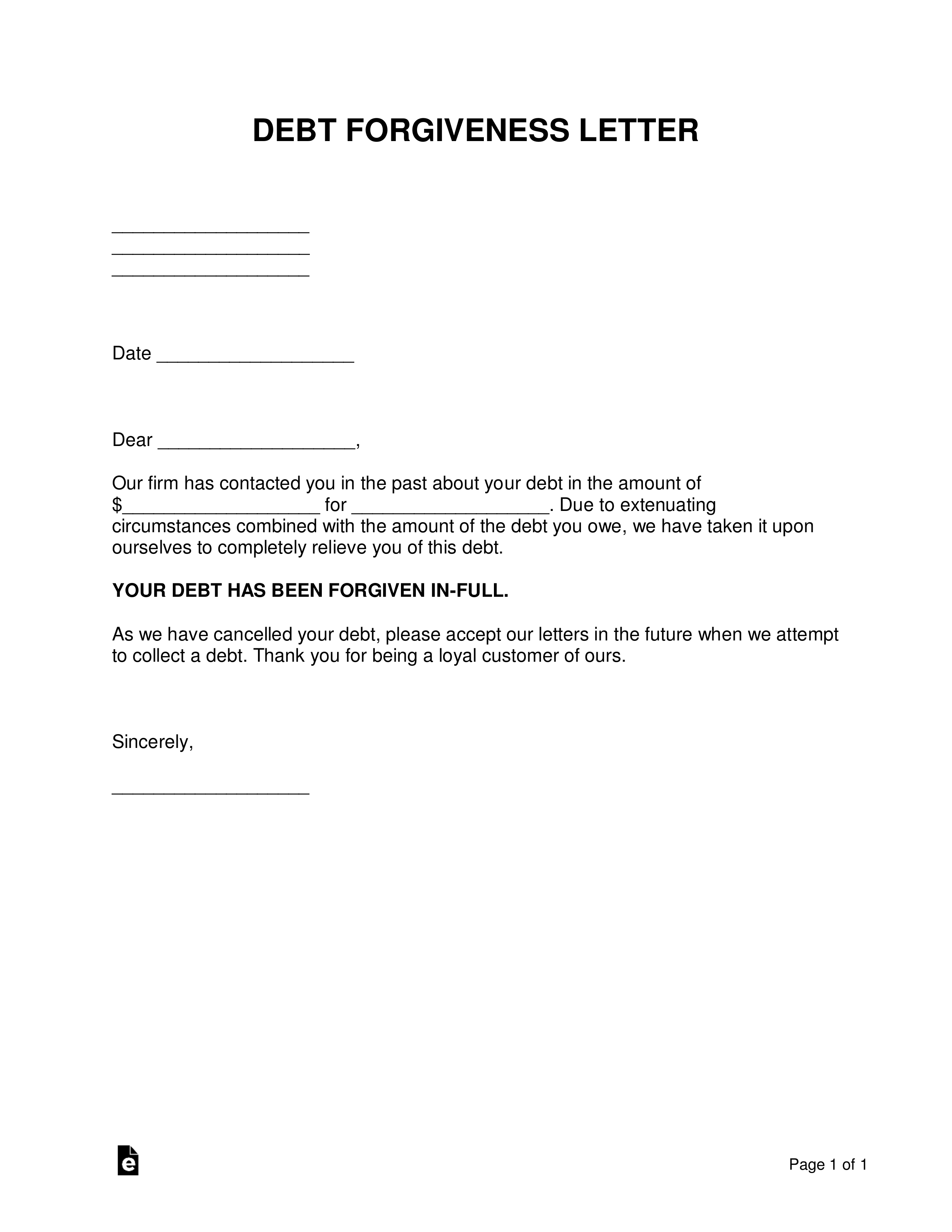 Debt Forgiveness Letter Template | Sample