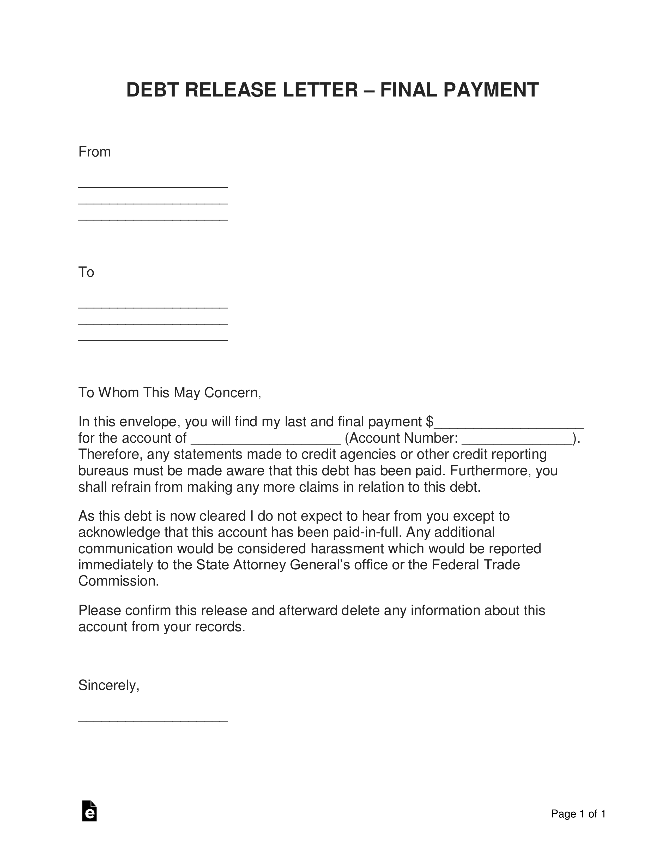 Free Debt Letter Templates Word EForms