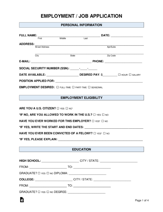 Free Job Application Form Standard Template Word PDF EForms   Employment Job Application 550x712 