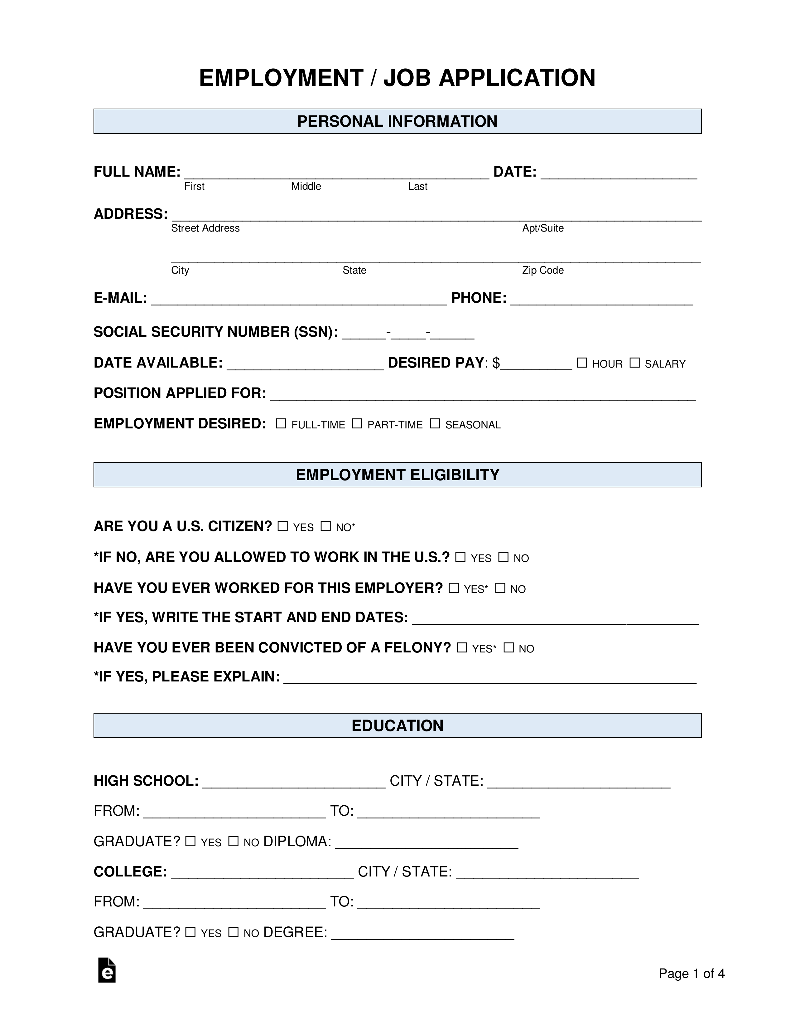 Job application form for employee