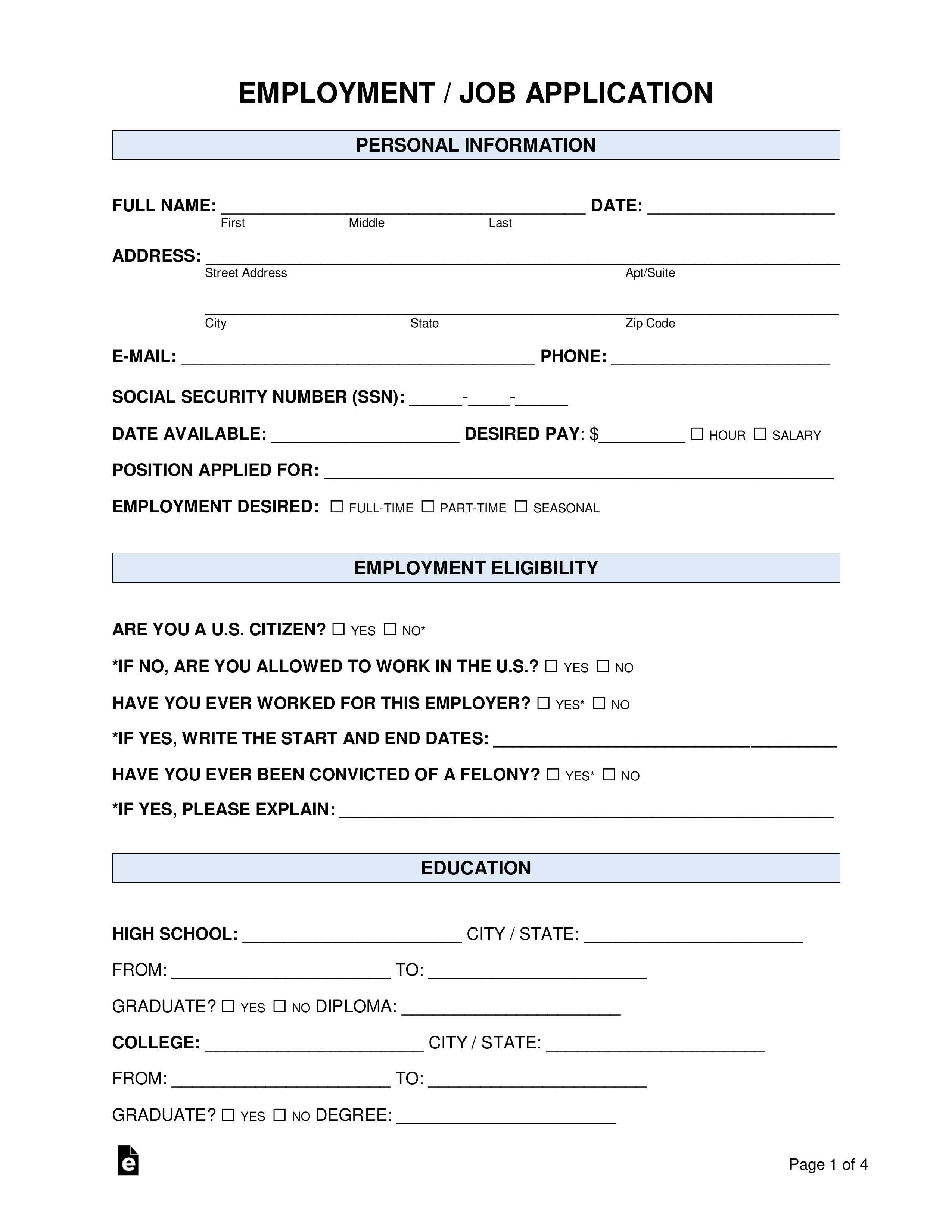 free job application form standard template word pdf eforms