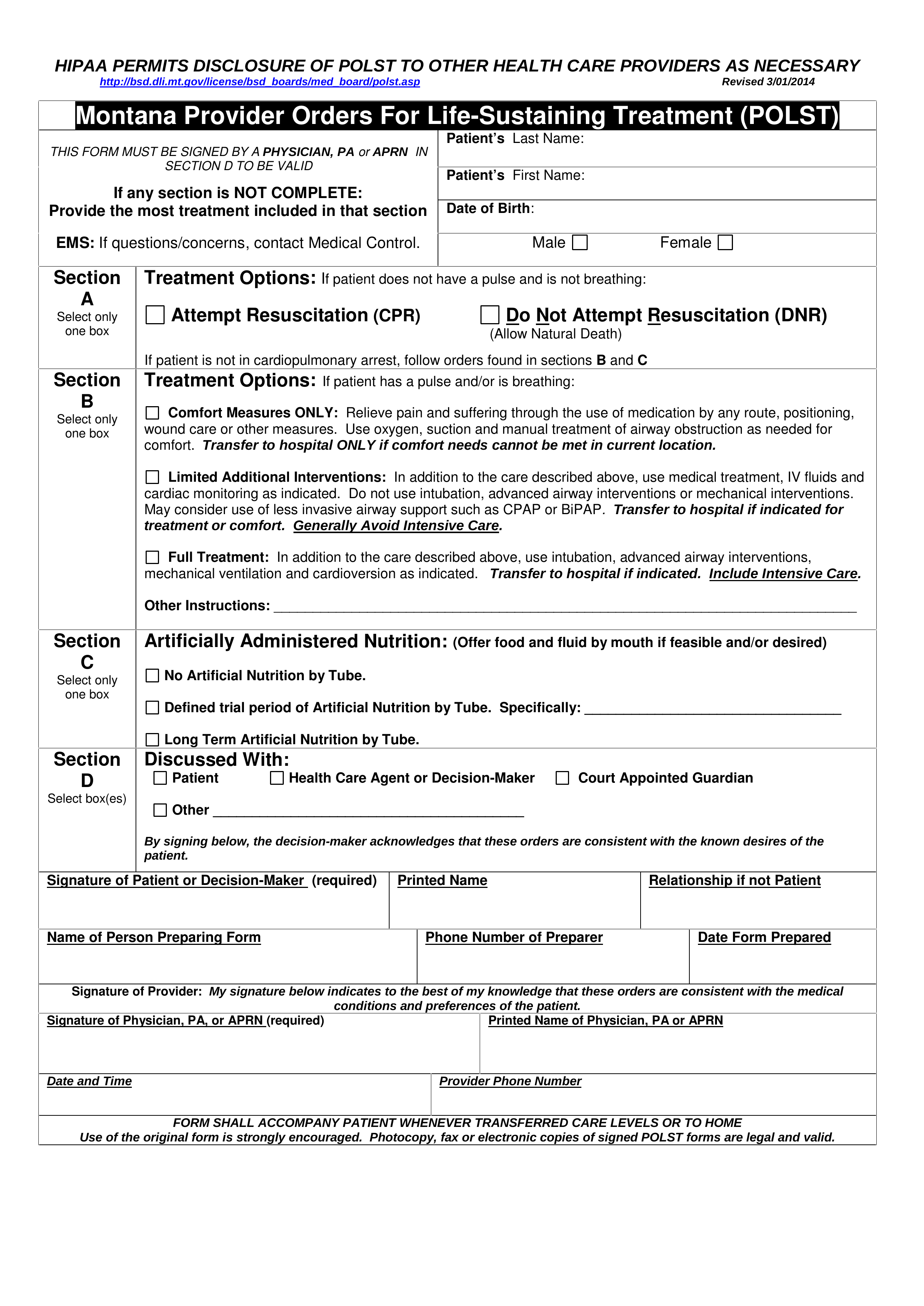 Montana Do Not Resuscitate (DNR) Order Form