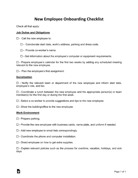 Free New Employee Onboarding Checklist - PDF | Word – eForms