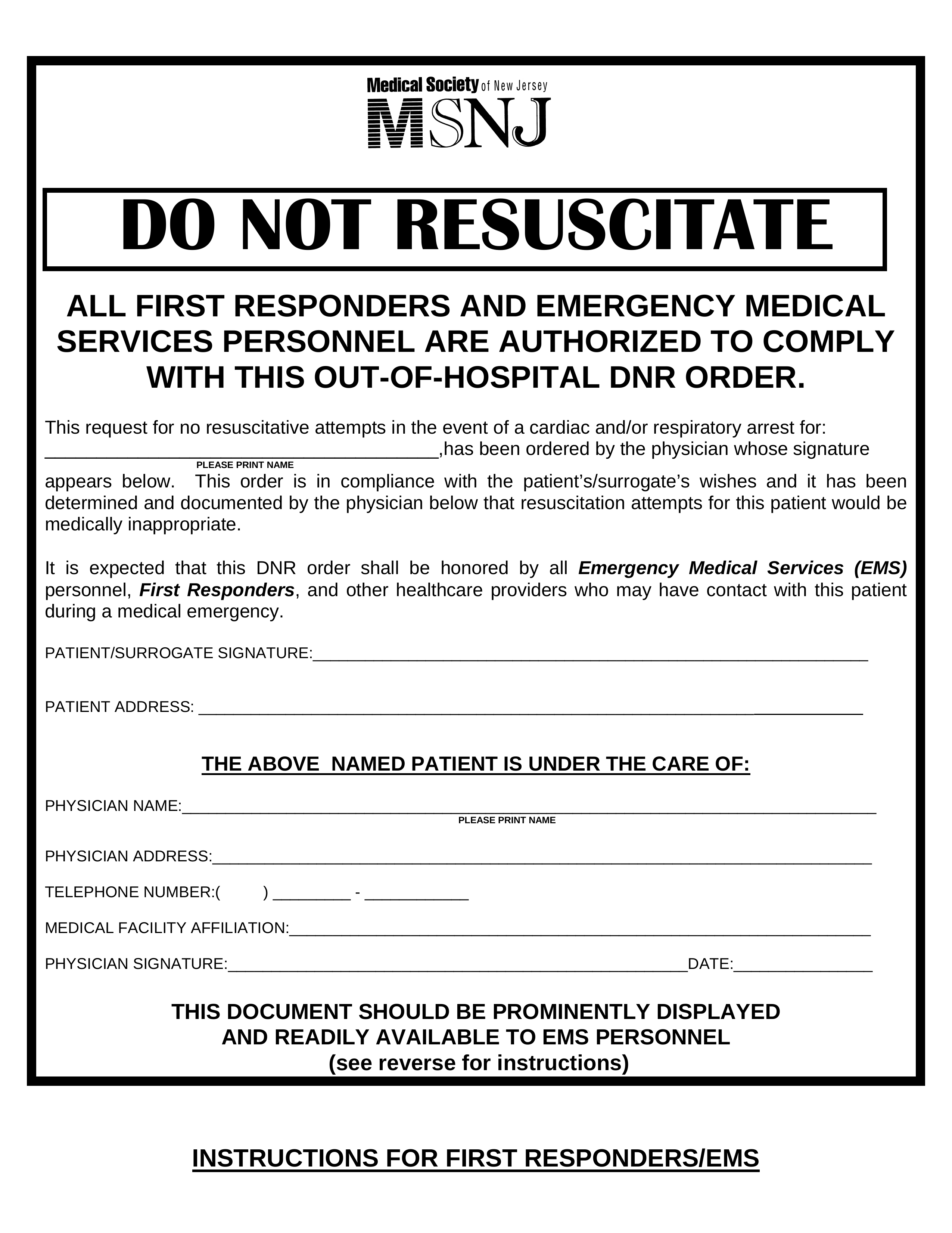 Free New Jersey Do Not Resuscitate DNR Order Form PDF EForms