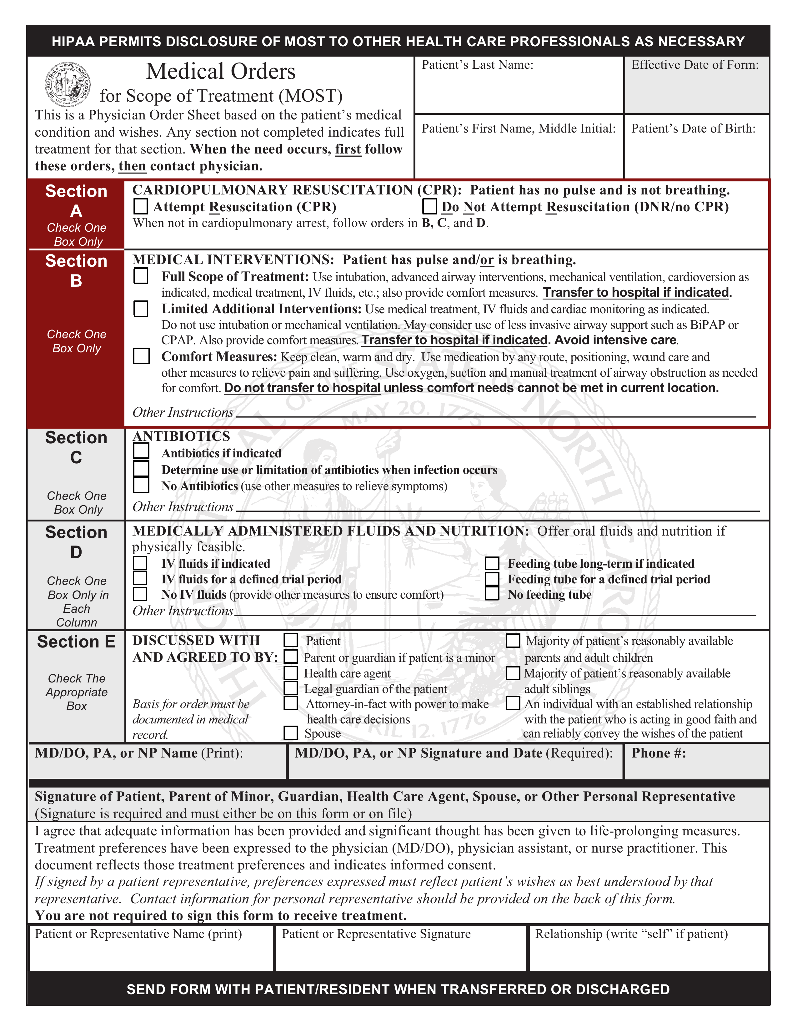 Free North Carolina Do Not Resuscitate (DNR) Order Form PDF eForms