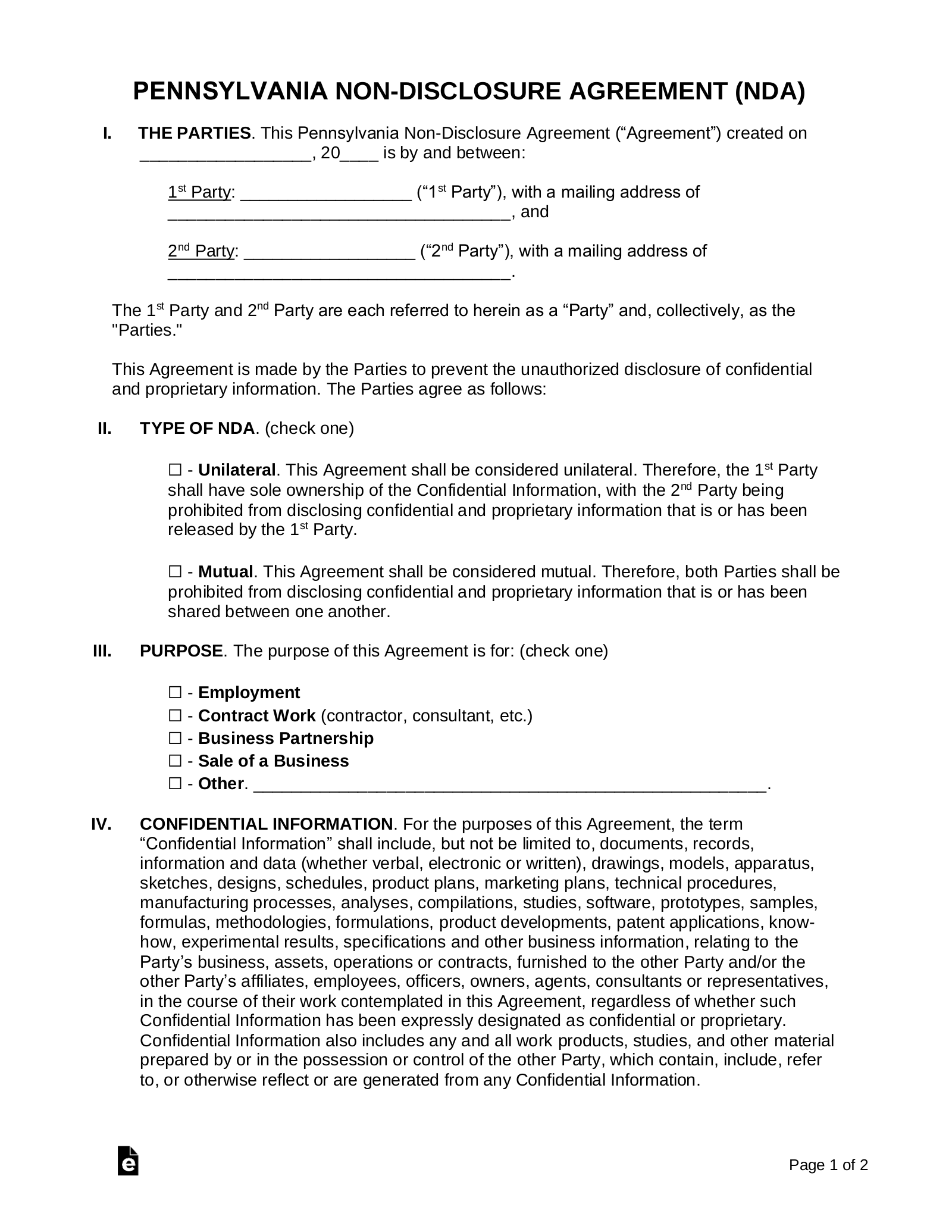 Pennsylvania Non-Disclosure Agreement (NDA) Template