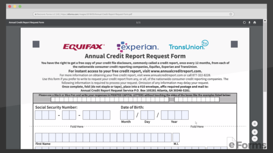 screen showing equifax, experian, transunion annual credit report request form