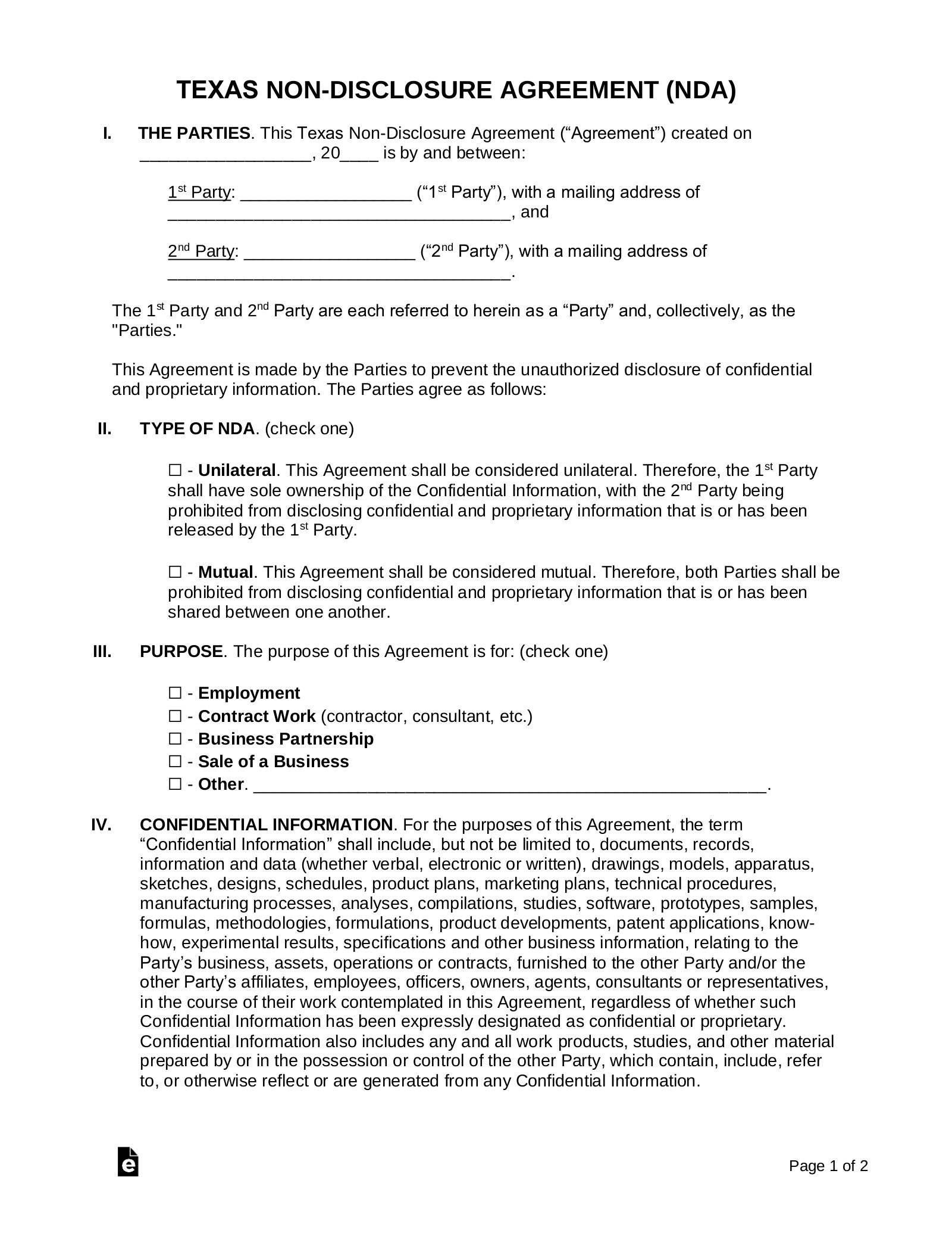 Free Texas Non Disclosure Agreement (NDA) Template PDF Word eForms
