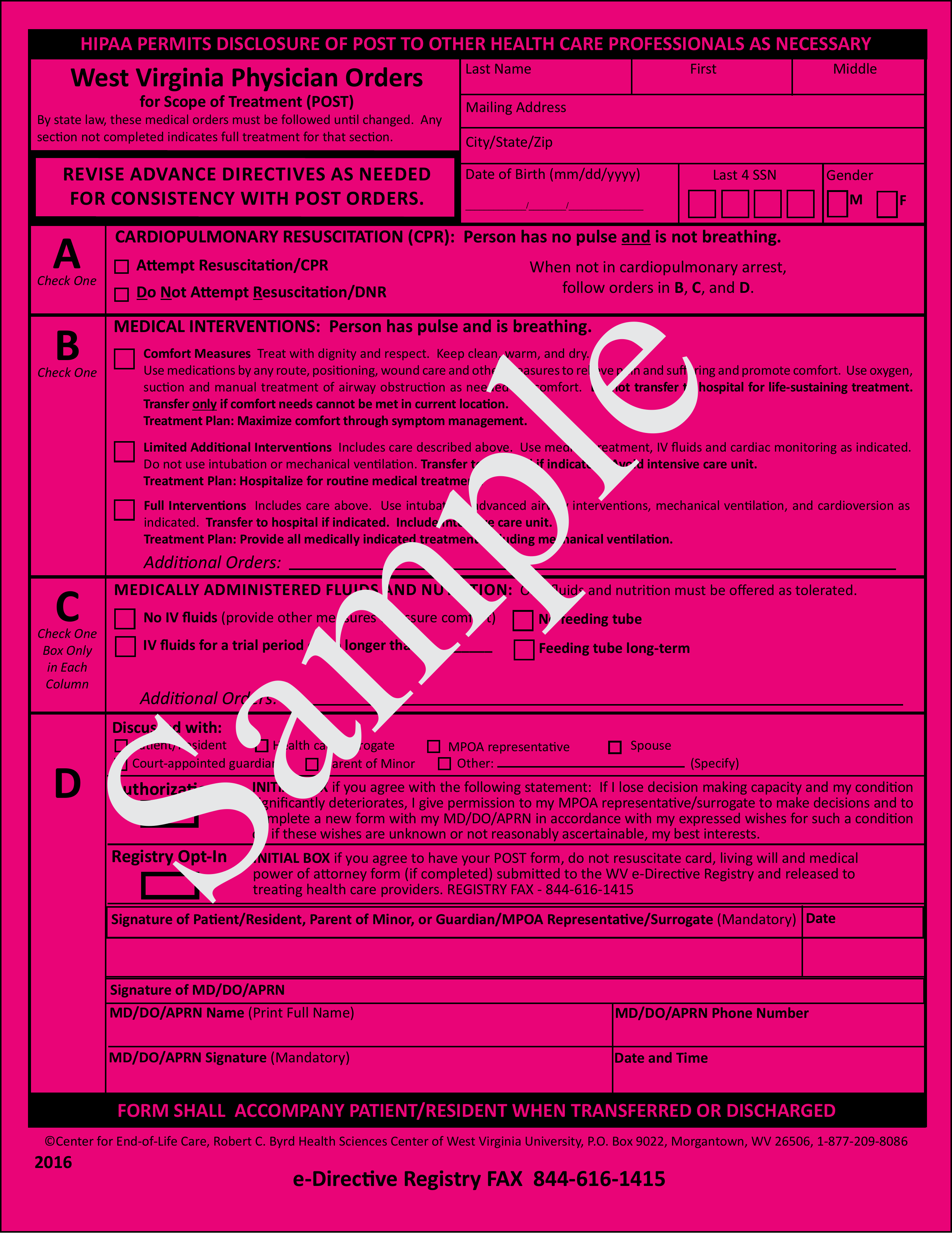 West Virginia Do Not Resuscitate (DNR) Order Form – Sample Only