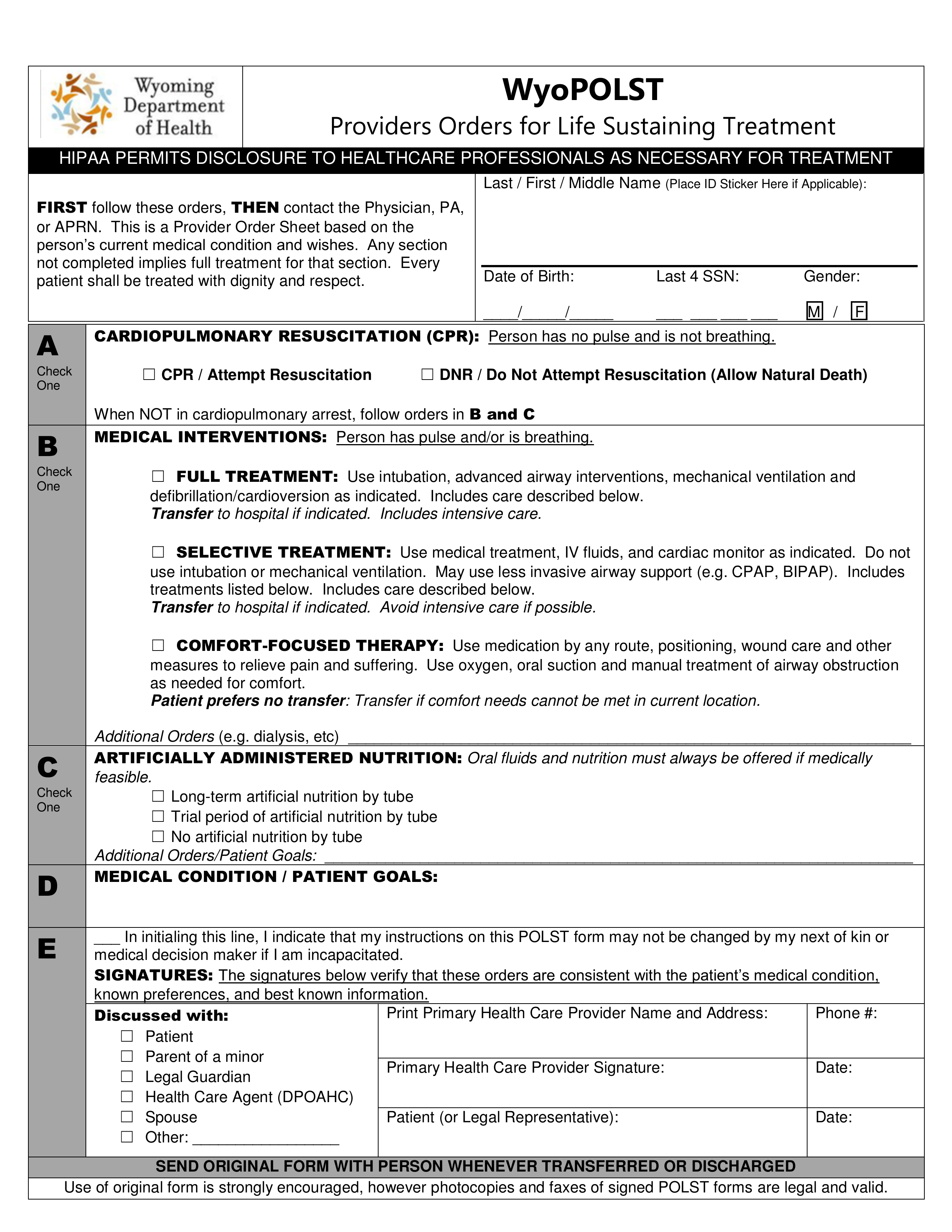 Wyoming Do Not Resuscitate (DNR) Order Form