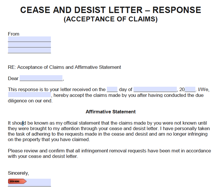 Reply to this email. Cease and Desist. Response Letter. Cease and Desist Letter. Claim образец.
