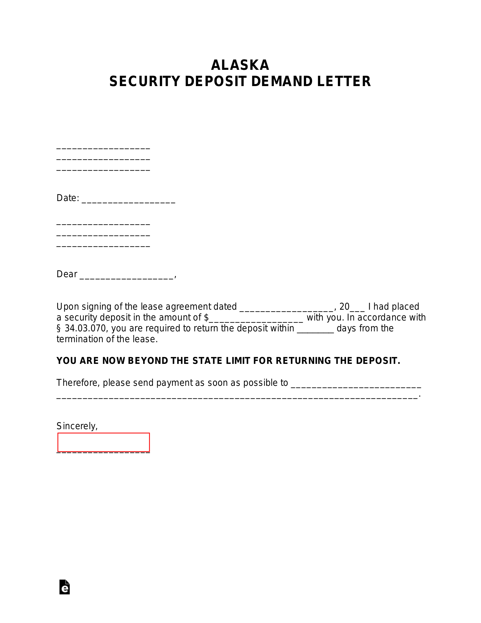 Alaska Security Deposit Demand Letter
