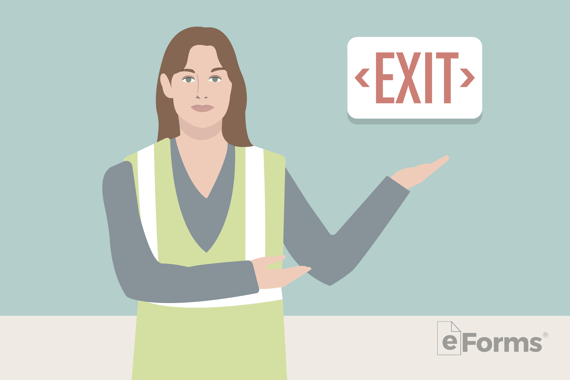 Woman wearing safety vest giving directions under an exit sign.