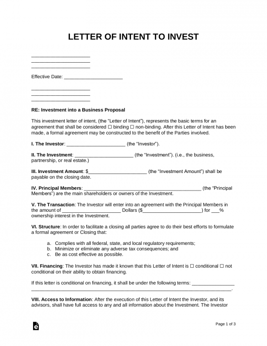 Free Business Proposal (Investment) Letter of Intent - PDF | Word – eForms