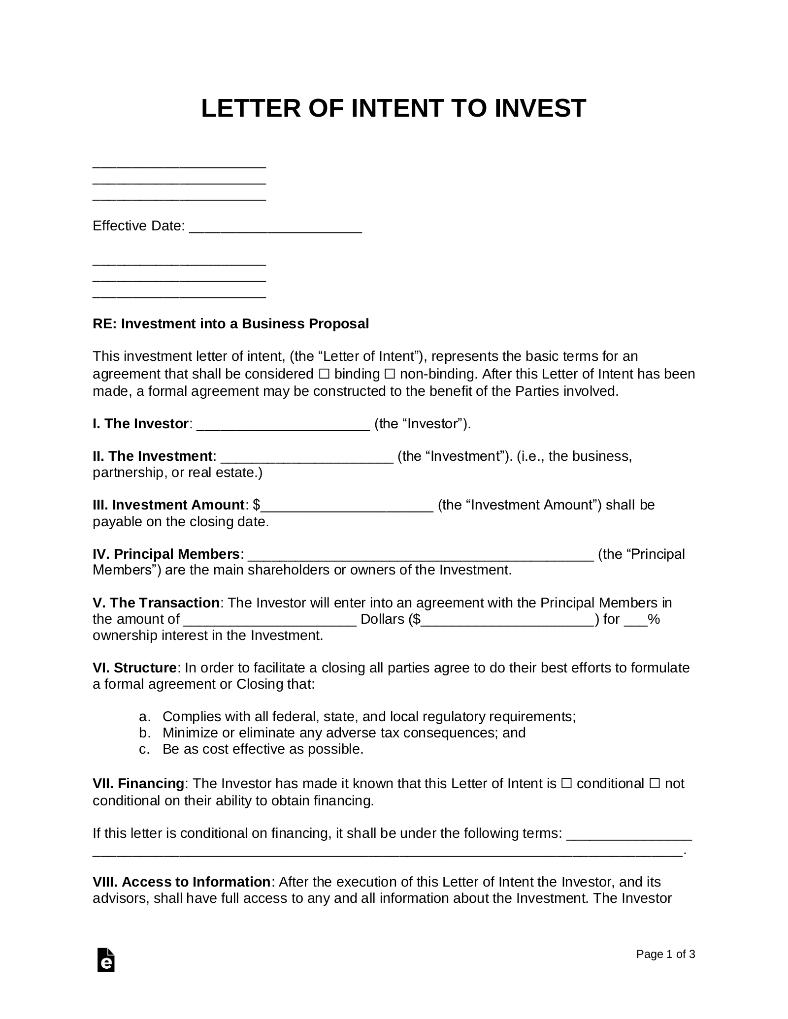 Business Proposal (Investment) Letter of Intent