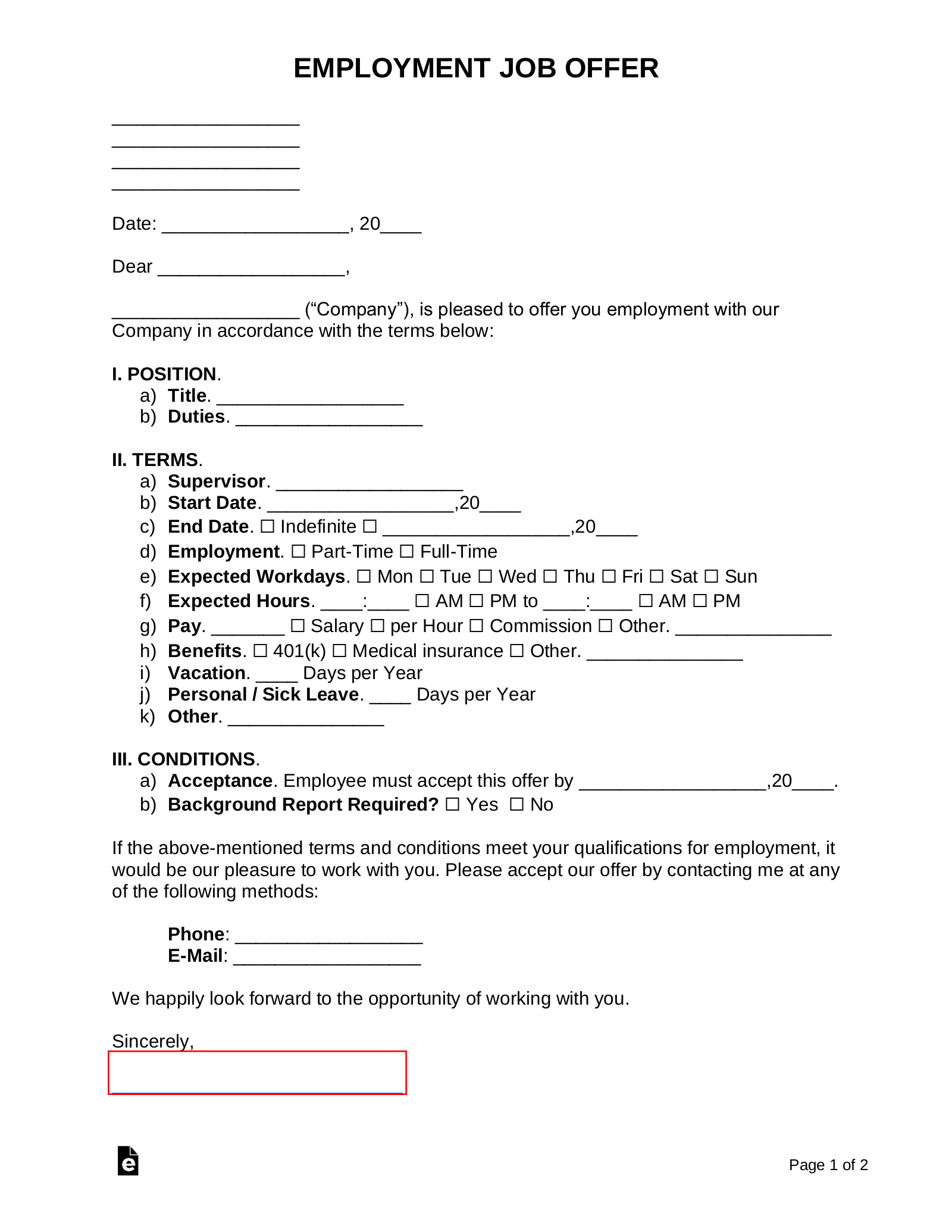 Free Employment Offer Letter Template Sample PDF Word eForms