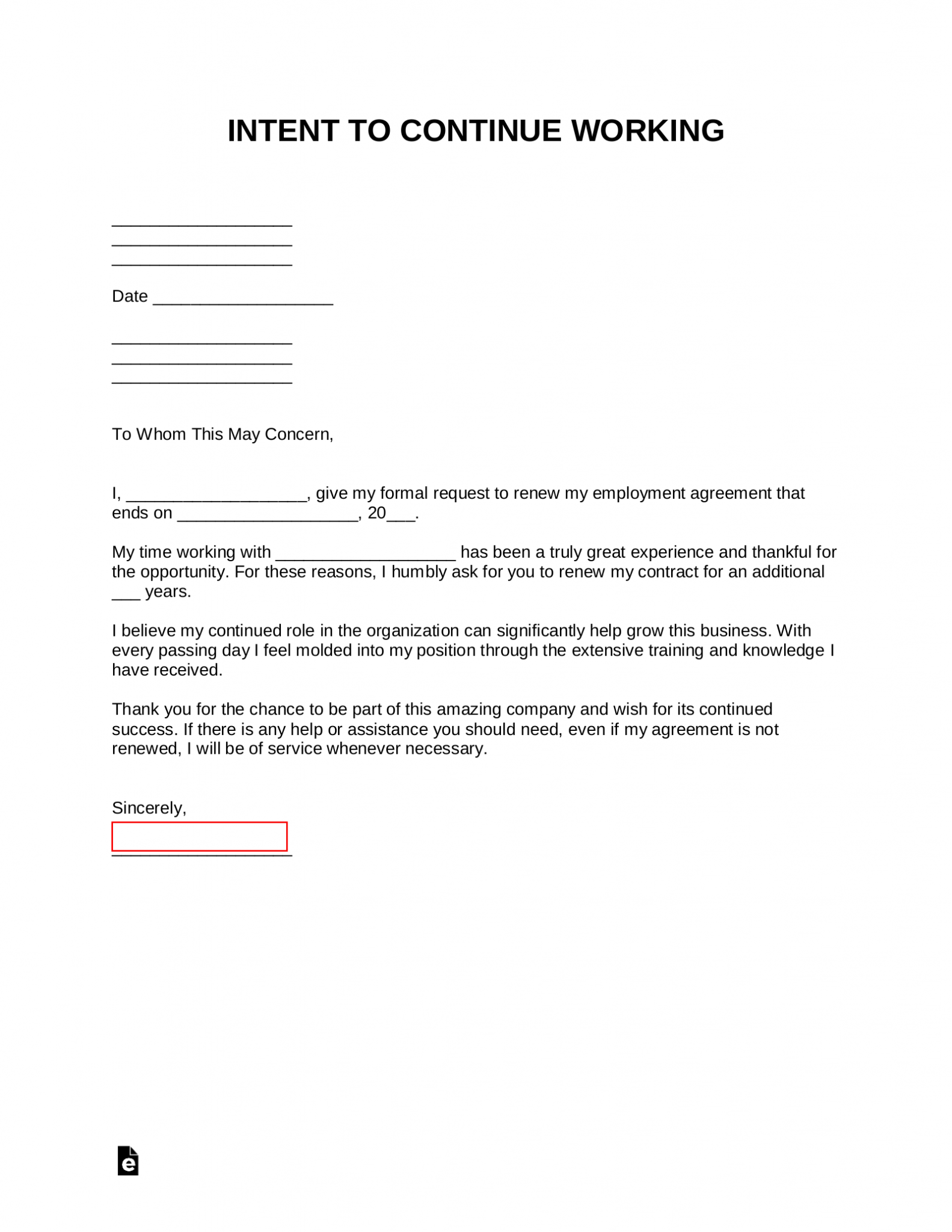 Request for Extension of the Contract. Letter of Intent. Work Contract Renewal Letter.