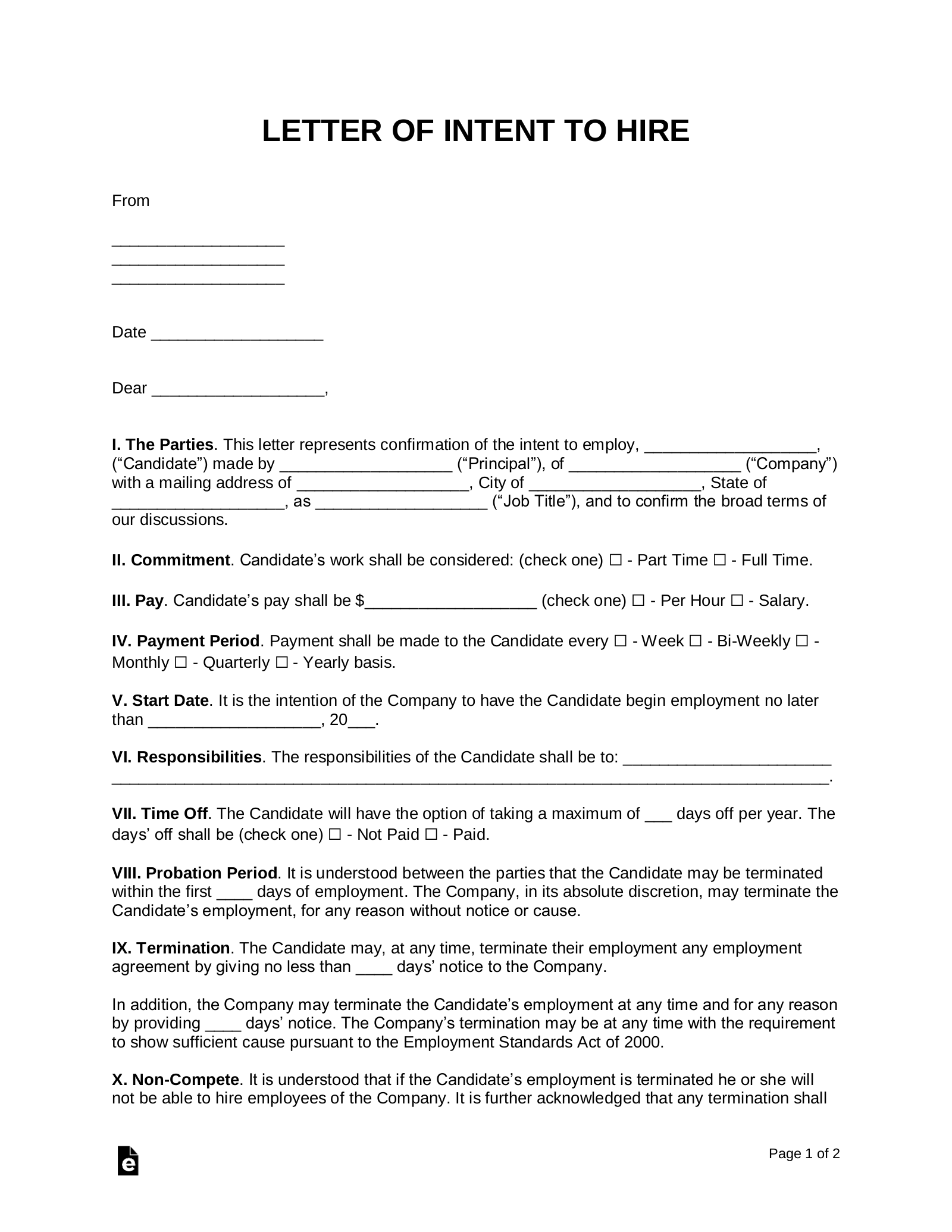 Free Letter Of Intent To Hire Template Sample Pdf Word Eforms