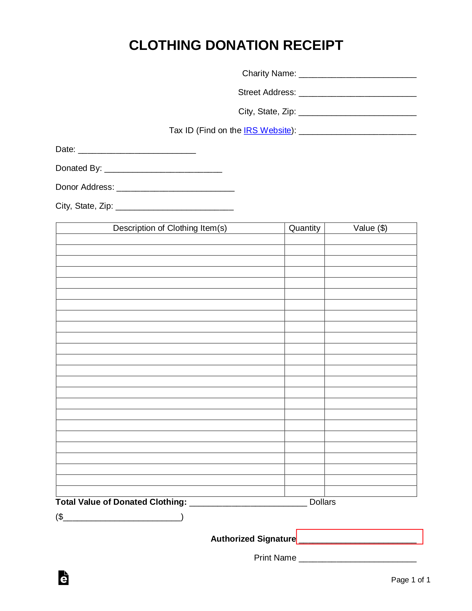 Free Clothing Donation Tax Receipt - PDF