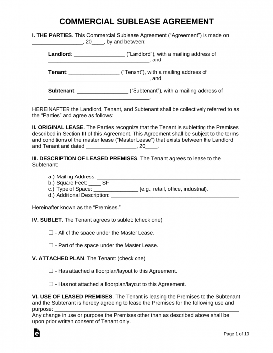 Commercial Sublease Agreement Template
