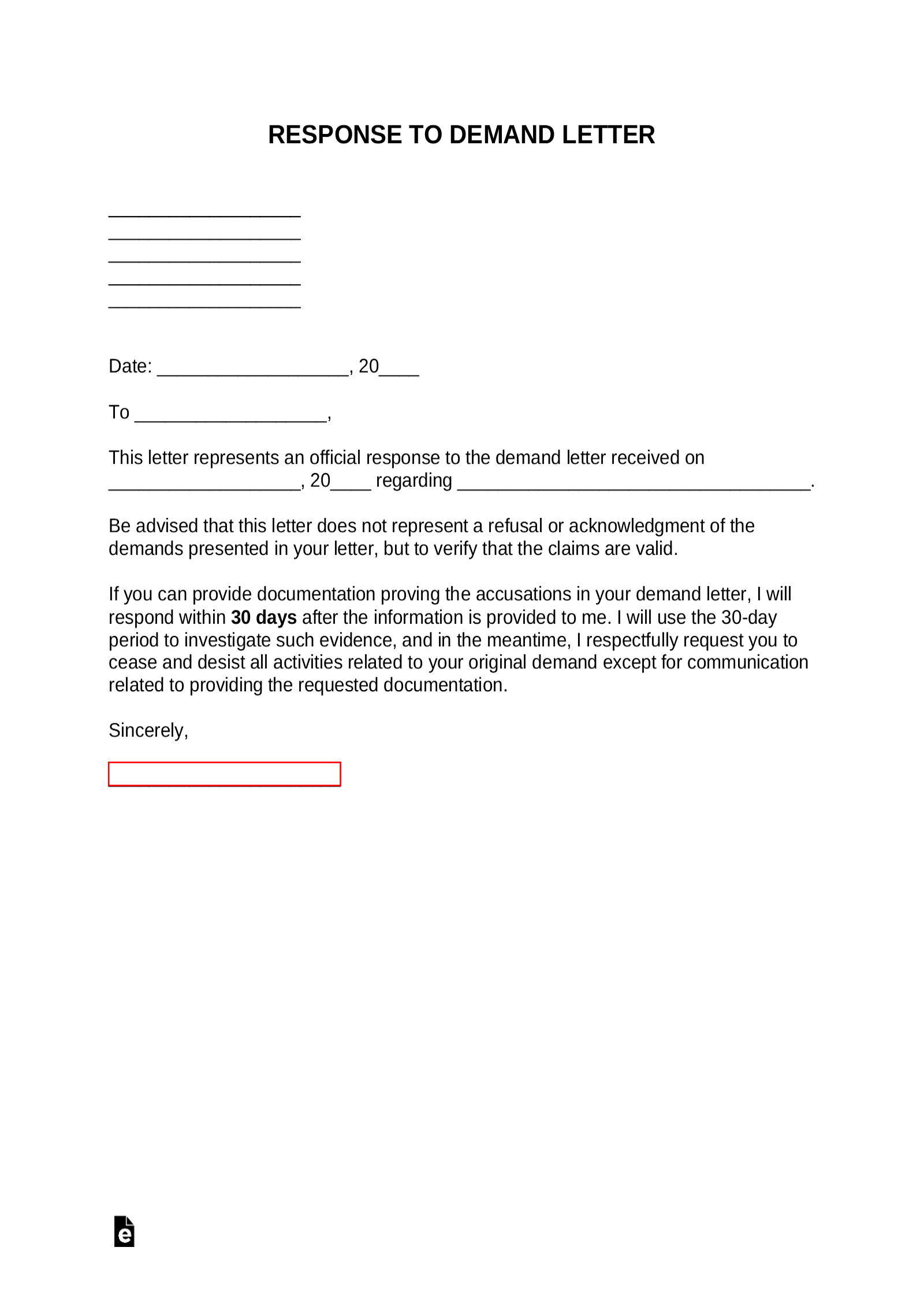 Free Response to Demand Letter PDF Word eForms