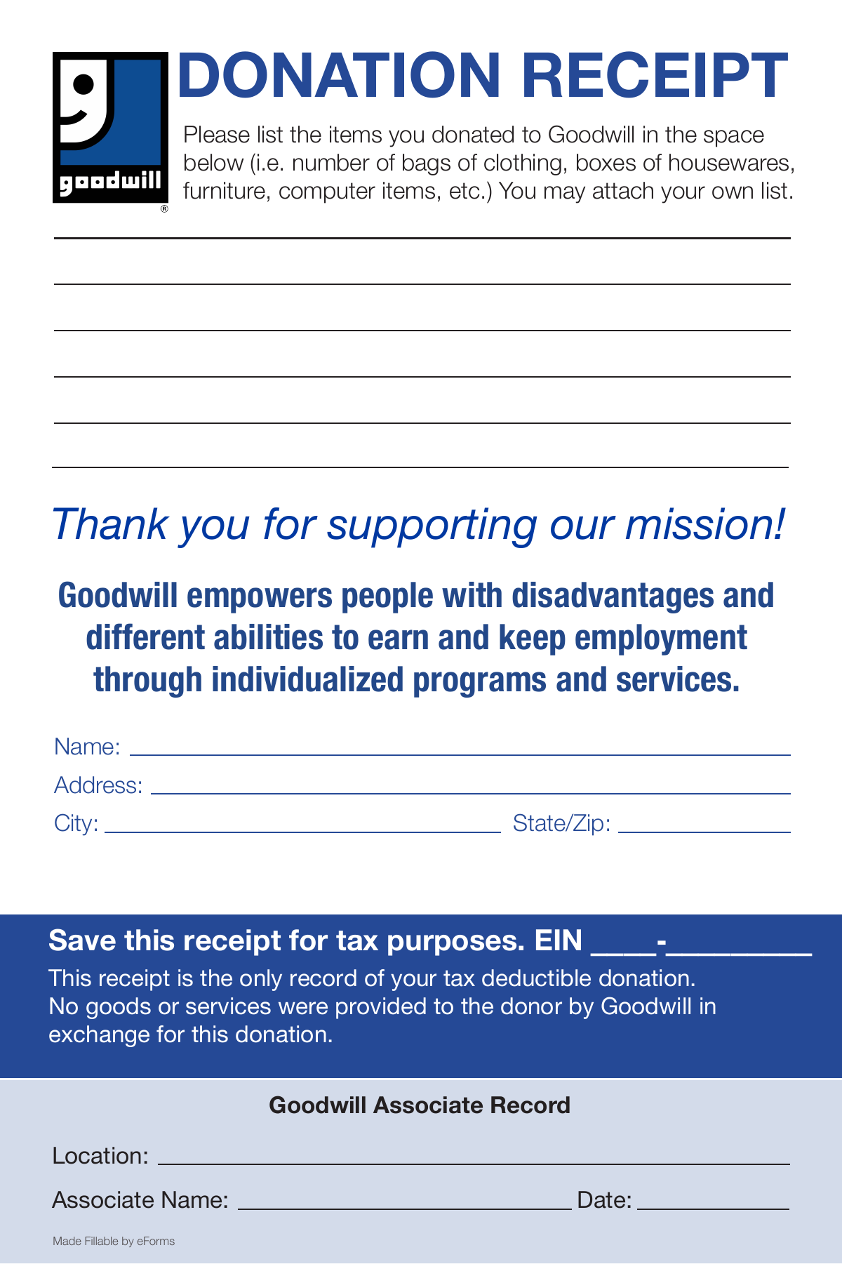 Free Goodwill Donation Receipt Template PDF EForms