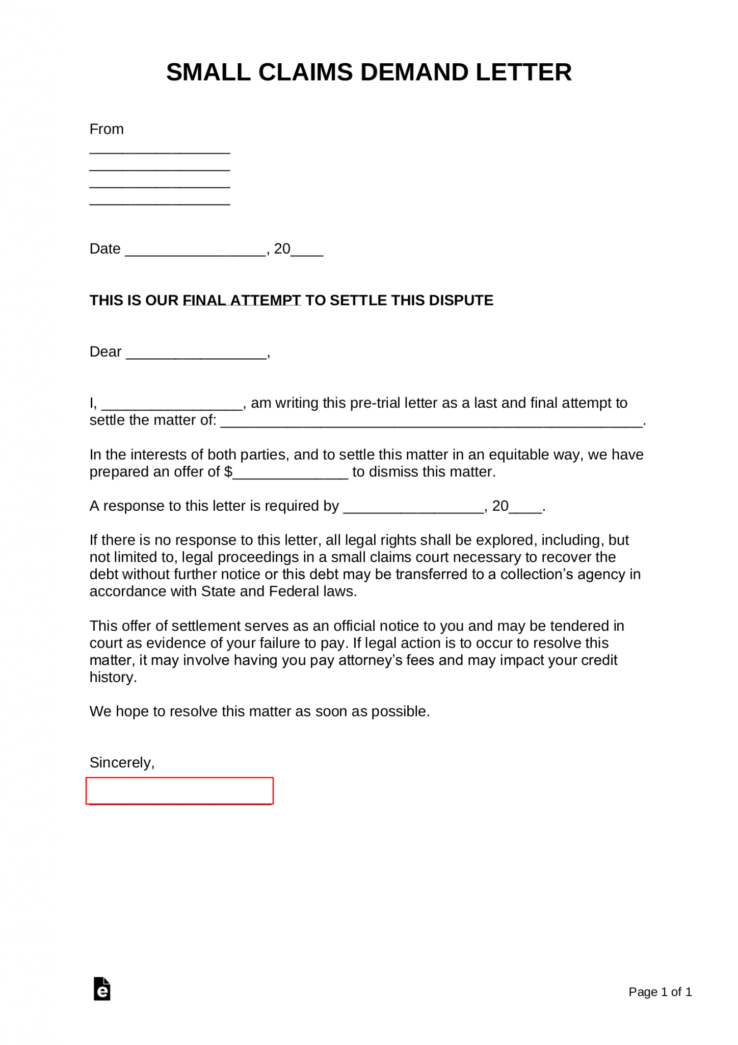 cover letter for small claims court